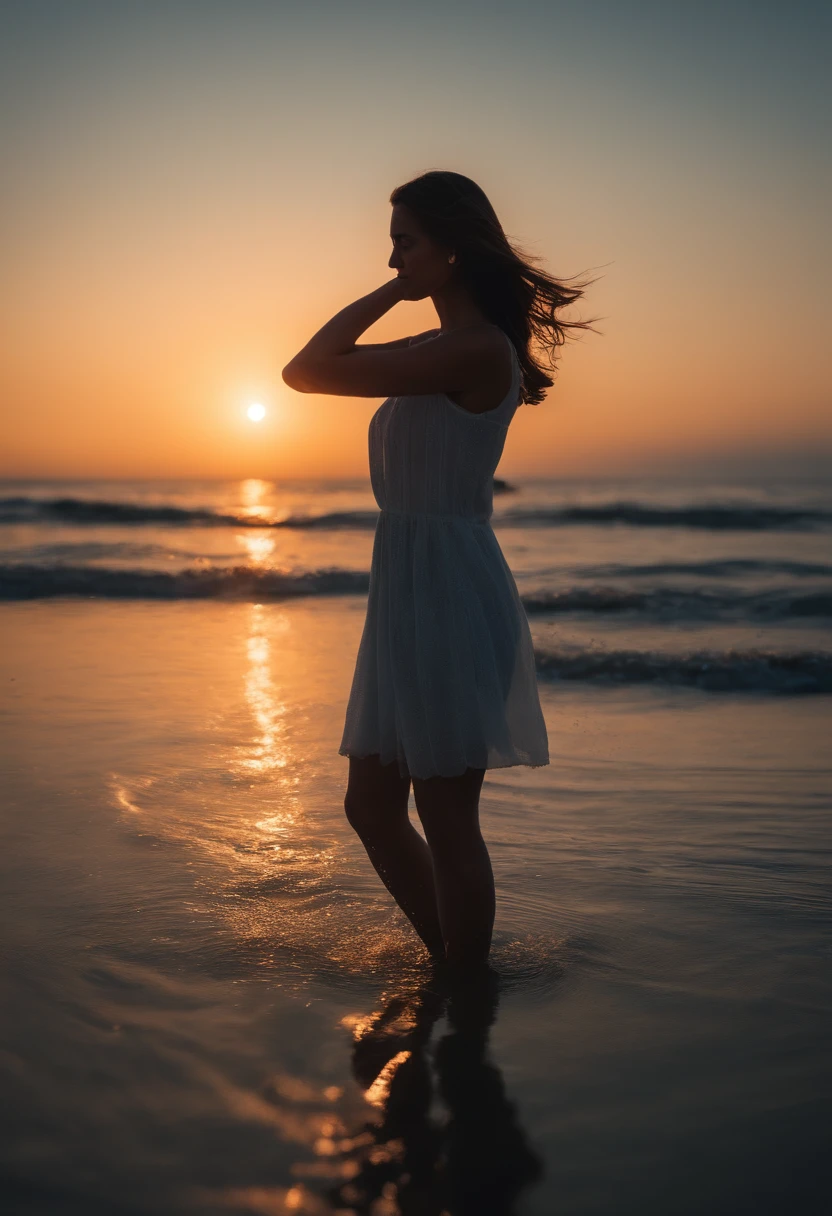 ((Masterpiece, Best Quality)), Thin clothes, Flirtatious girl, Dipping one foot in the seawater with just the toes, Standing girl, Girl facing sideways, Girl between the horizon and the sea, Viewed from the side, Ripples spreading from the toes, The scene is about 20 meters away, Above the sea, Illuminated scene at night, Meteor shower