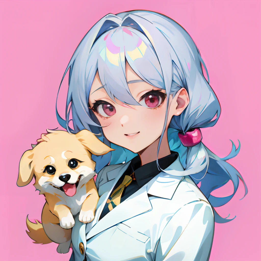 Anime girl with silver hair and pink eye edging, official artwork, , Lori, anime style portrait, anime moe art style, 2 d anime style, Cute art style, Stylized anime, Anime Art Style, Anime style. 8K, anime style 4 k, Anime Art Style, digital anime art!!、White puppy、fluffly、 Golden Retriever、blanche、Vigorous、A charming smile、Office Lady Style Clothes、Wearing a suit、
