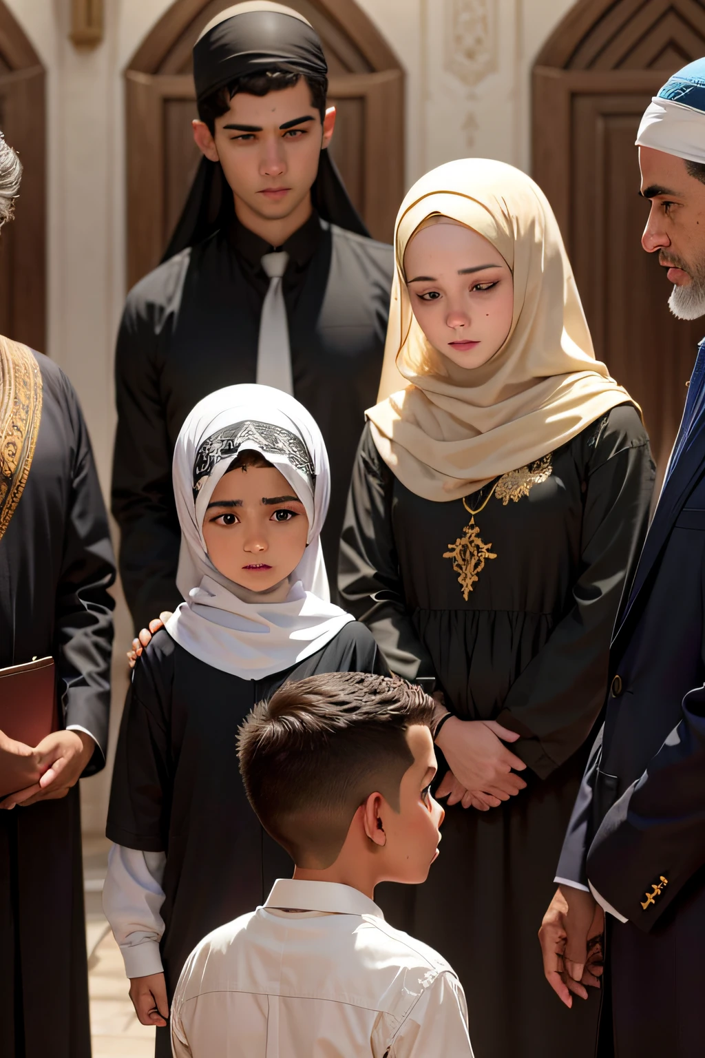 Menino de 16 anos, cabelos pretos, pelo curto, with friends in the mosque celebrating conversion to Islam, Muslim has, mosque ribbon and Quran with family celebrating
