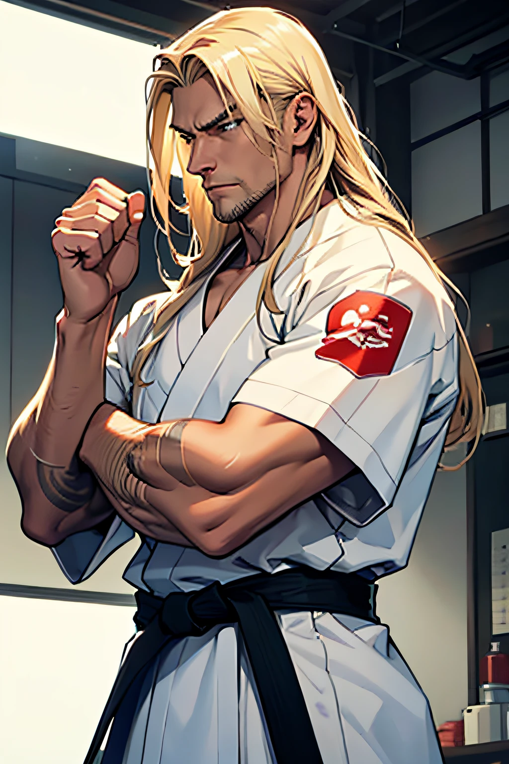 Male, 1 man, middle-aged man, karate, cyborg, cyborg parts: arms, tall body, long blond hair combed back in a messy way, wearing a white karate kimono without many decorations or large details.