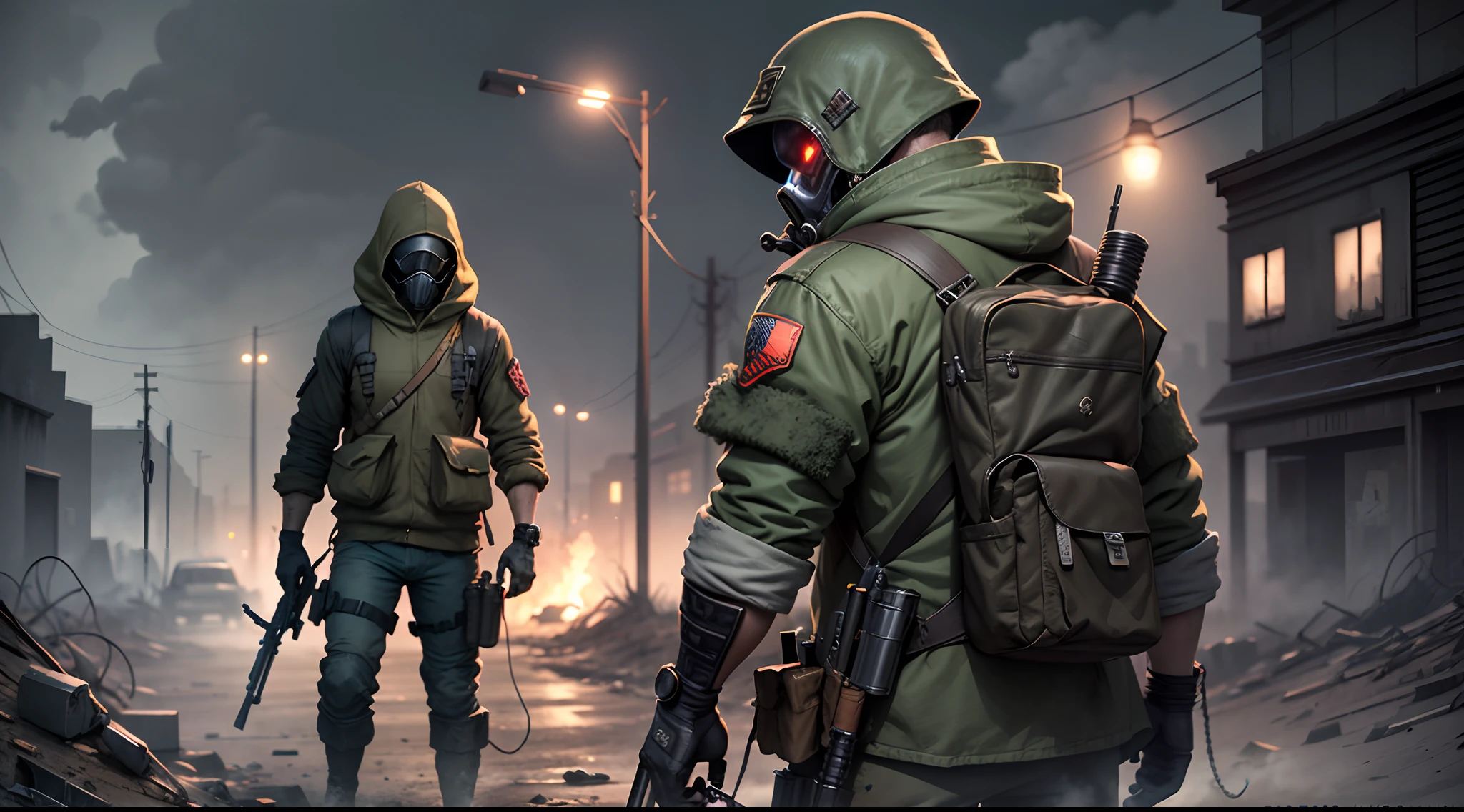 Stalker with a machine gun and a partner with a machine gun In the eerie atmosphere of the Zone, stalker from the Loner faction, accompanied by his faithful partner Heap, depicted in cult gear, reminiscent of the "Stalker" series. Dressed in harsh clothes, They stand in the background, infested with mutants, Anomalies, and bandits Post-apocalyptic style, Post-apocalyptic warriors, In the stylistic essence of "Stalker": Call of Pripyat. --auto --s2