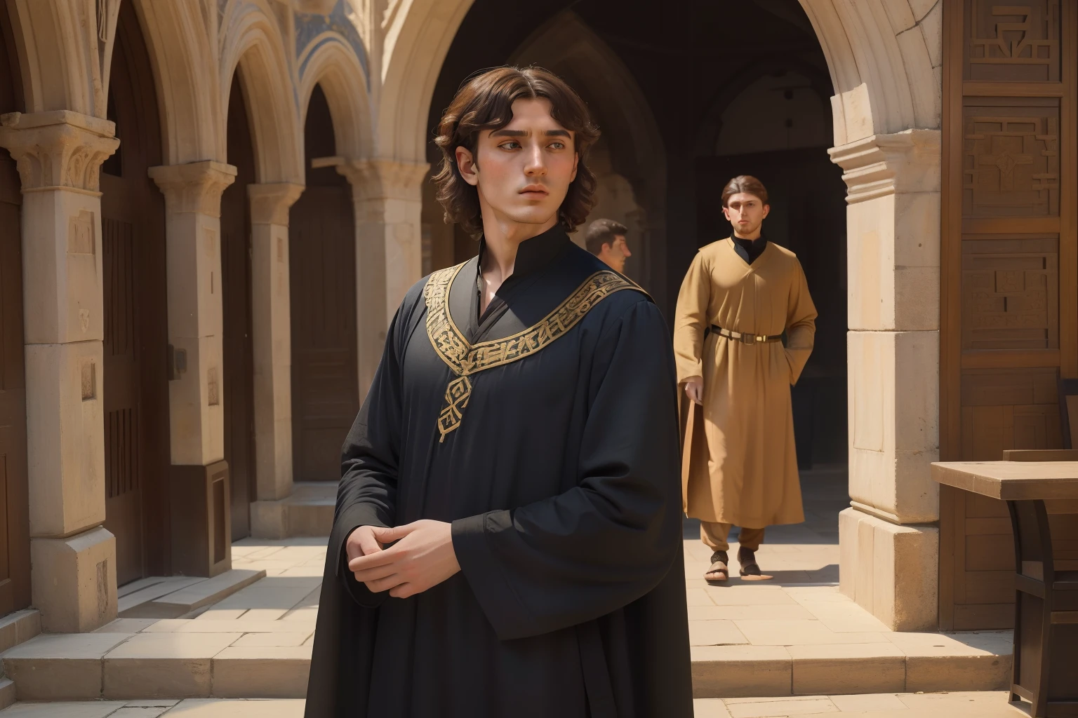 Year: 11th century. Location: Constantinople. Pre-raphaelite scene with a 21-year-old english man, disguised as a ((jew)) with a black caftan, looking in awe the wonders of the modern busy city, ((((11th century plain caftan)))) ((11th century hairstyle)), (((cinematic style)))