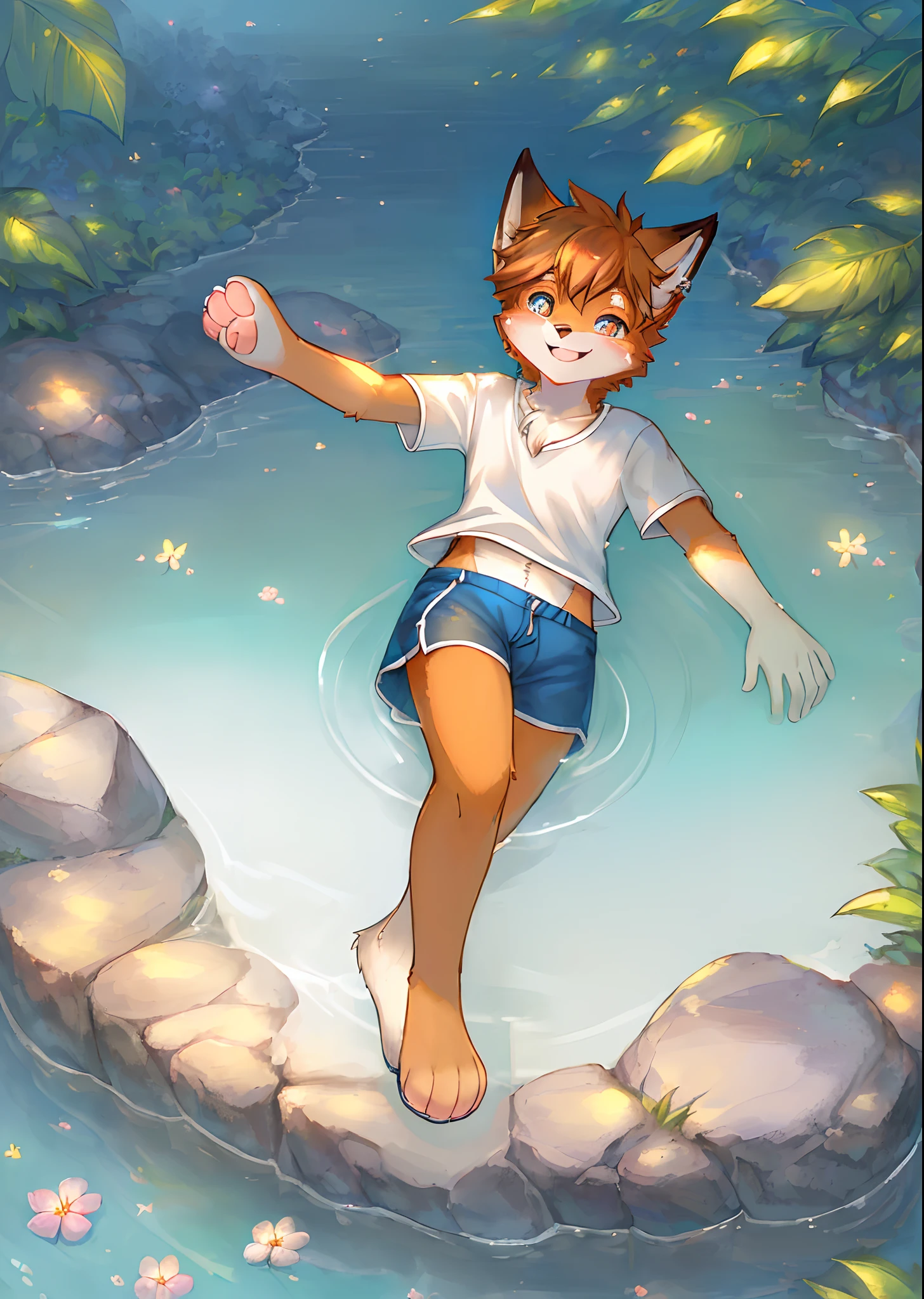 tails the fox from sonic, Miles Prower, masterpiece, detailed, sun rays, intricate, pastel, closed mouth, pool, small penis, precum, submerged, sun rays, completely, penis, closed legs, petite, flat chest, caustics, leaning, outdoors, grass, flowers, fence, happy