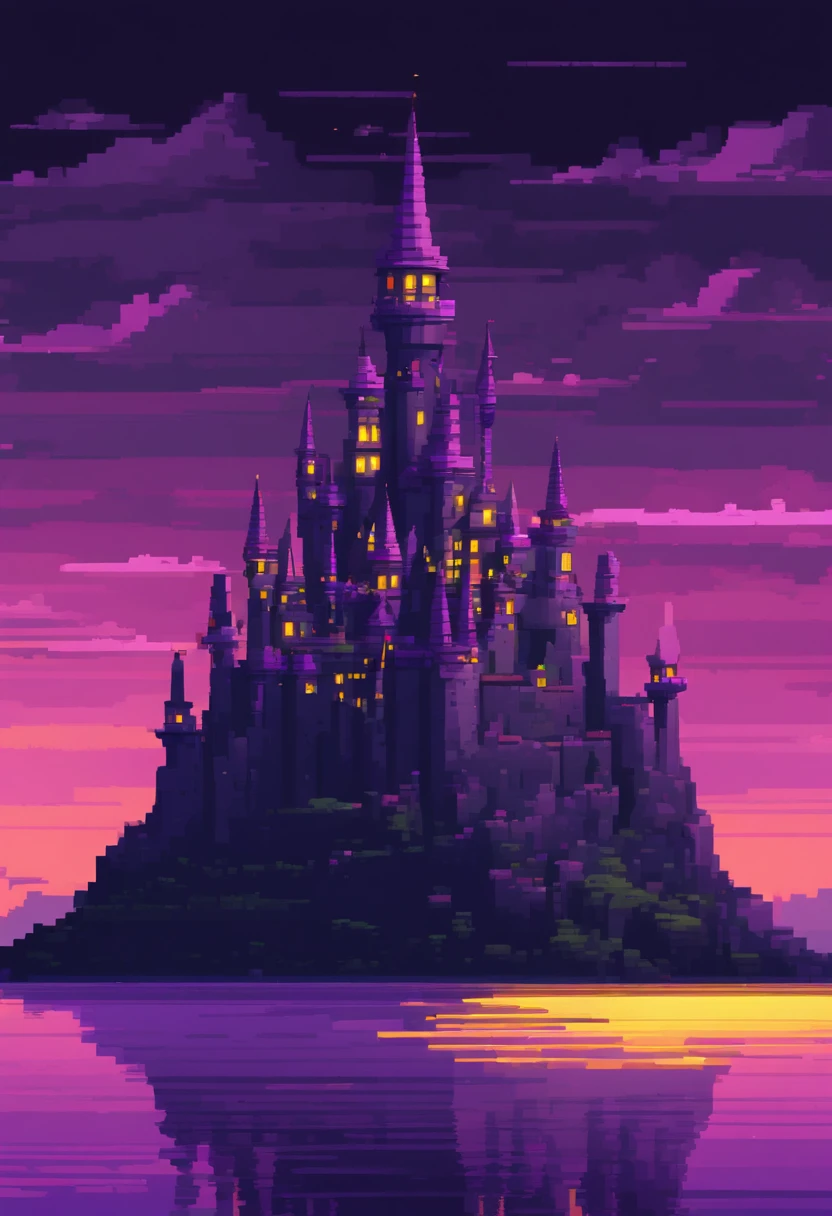 Castle made of black rocks with purple and yellow details, surrounded by a sober atmosphere, night, purple sky, wonderful landscape (night) 4k HD, high resolution, (masterpiece) art,