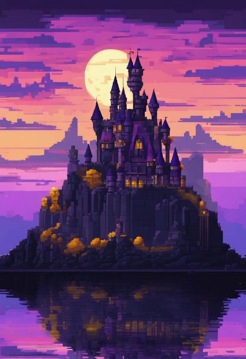 Castle made of black rocks with purple and yellow details, surrounded by a sober atmosphere, night, purple sky, wonderful landscape (night) 4k HD, high resolution, (masterpiece) art,