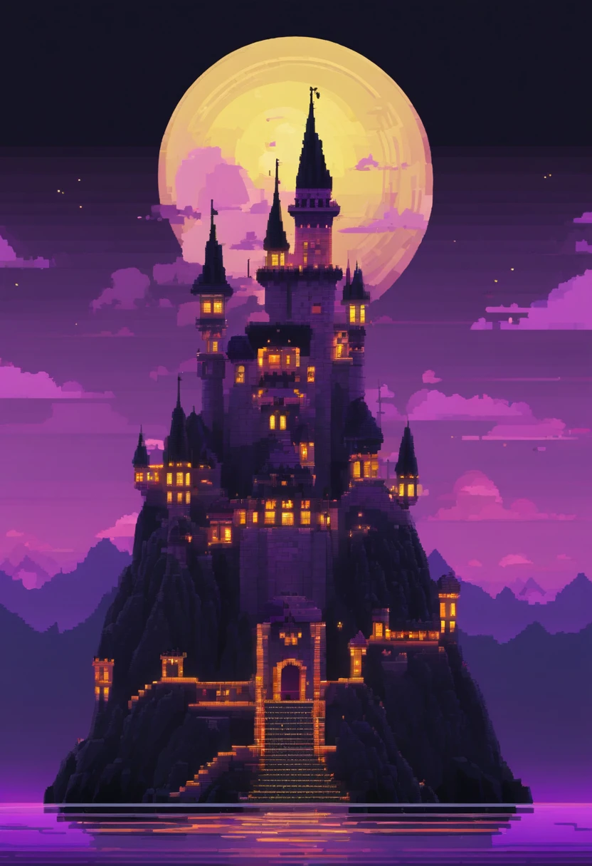Castle made of black rocks with purple and yellow details, surrounded by a sober atmosphere, night, purple sky, wonderful landscape (night) 4k HD, high resolution, (masterpiece) art,
