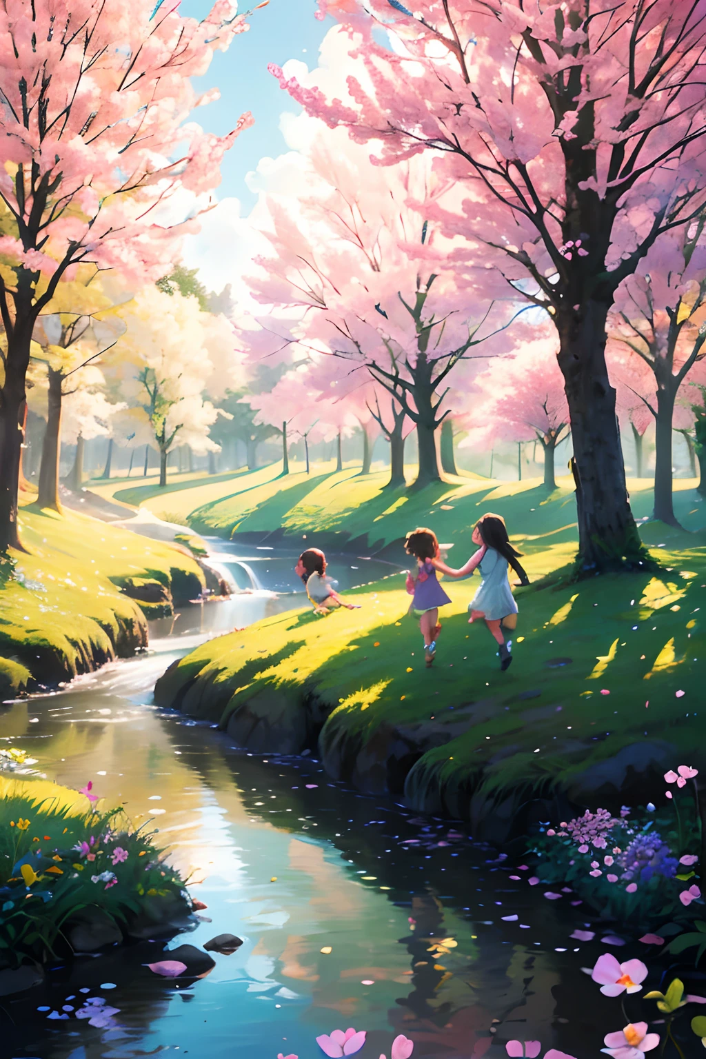 a forest crossed by a river, flowers, swallows in the sky, spring, children playing. the light filters through the branches of the trees(a forest crossed by a river,flowers,swallows in the sky,spring,children playing), oil painting, ultra-detailed, vivid colors, realistic lighting, landscape, birds chirping, sunlight filtering through the trees, soft breeze, lush green foliage, sparkling water reflections, vibrant wildflowers, joyful laughter, carefree children's expressions, dynamic brushstrokes, harmonious composition.