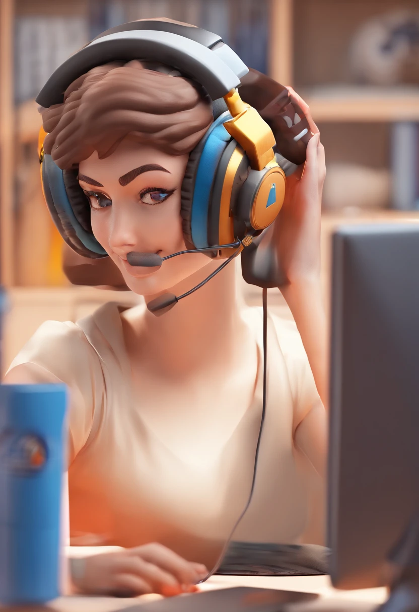 Uma coruja usando headset, sentado numa cadeira gamer, sorrindo, do lado de um PC GAMER, microfone gamer, no quarto