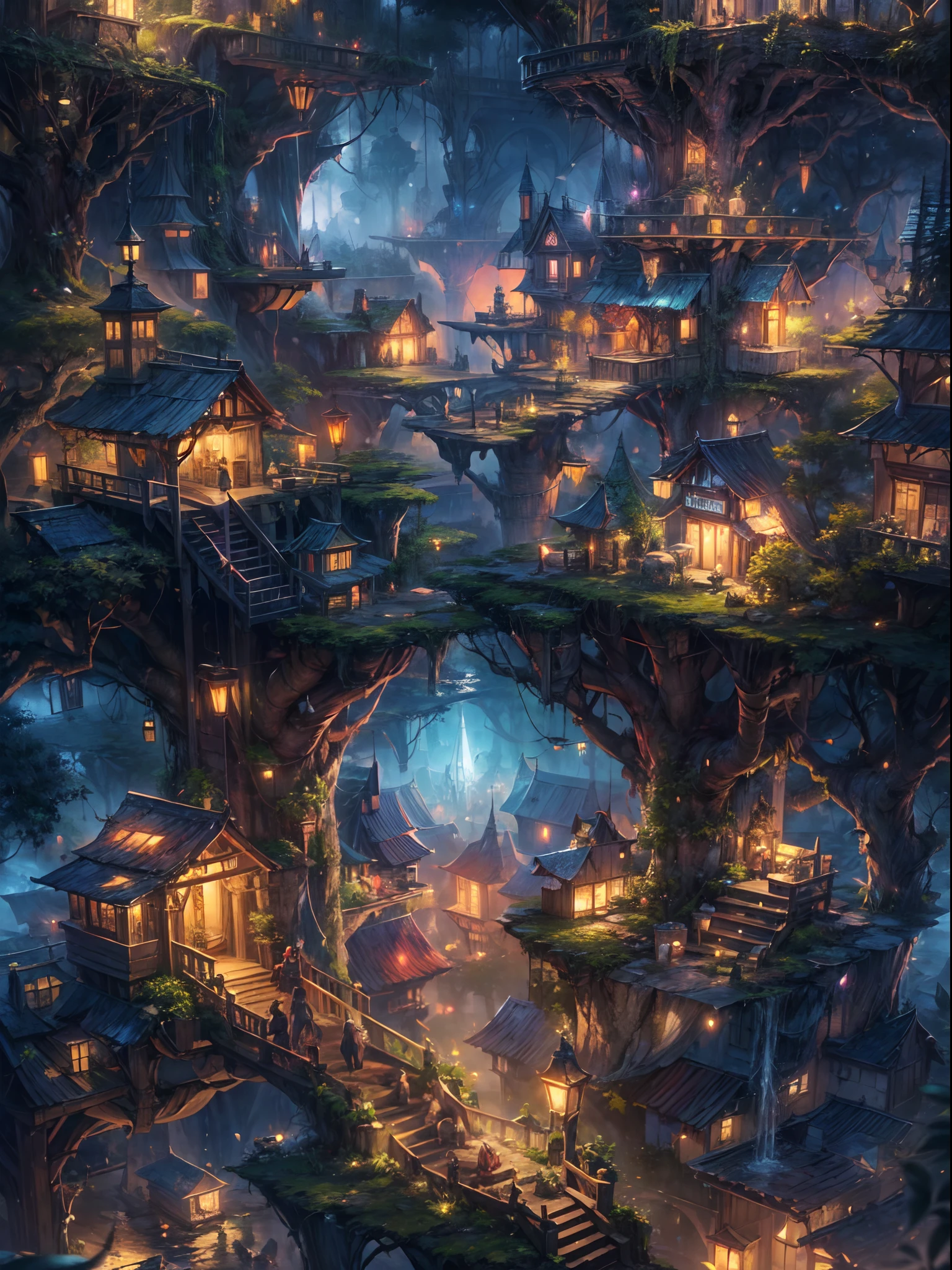 (best quality,ultra-detailed),(fantasy,imaginary) elven city,jungle,wide shot,far shot, aerial view,(magical,enchanted) world tree,tree houses,(natural magic,mystical powers),vibrant colors,(ethereal,otherworldly) lighting