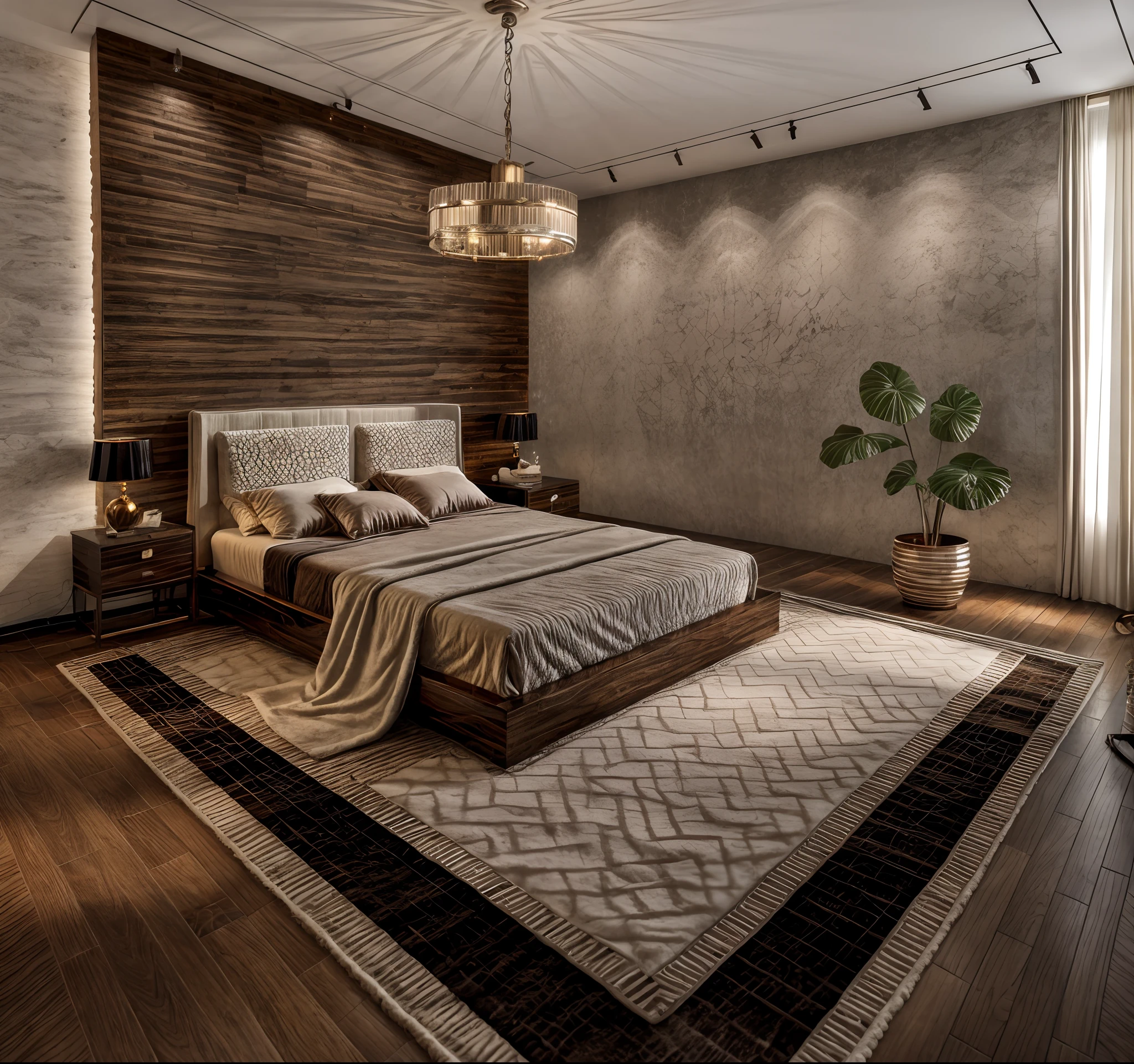 luxury bedroom, cozy lighting, elegant color scheme, 
wood floor, decoration wall, luxury chandelier, rug, luxury bed, lamp light,