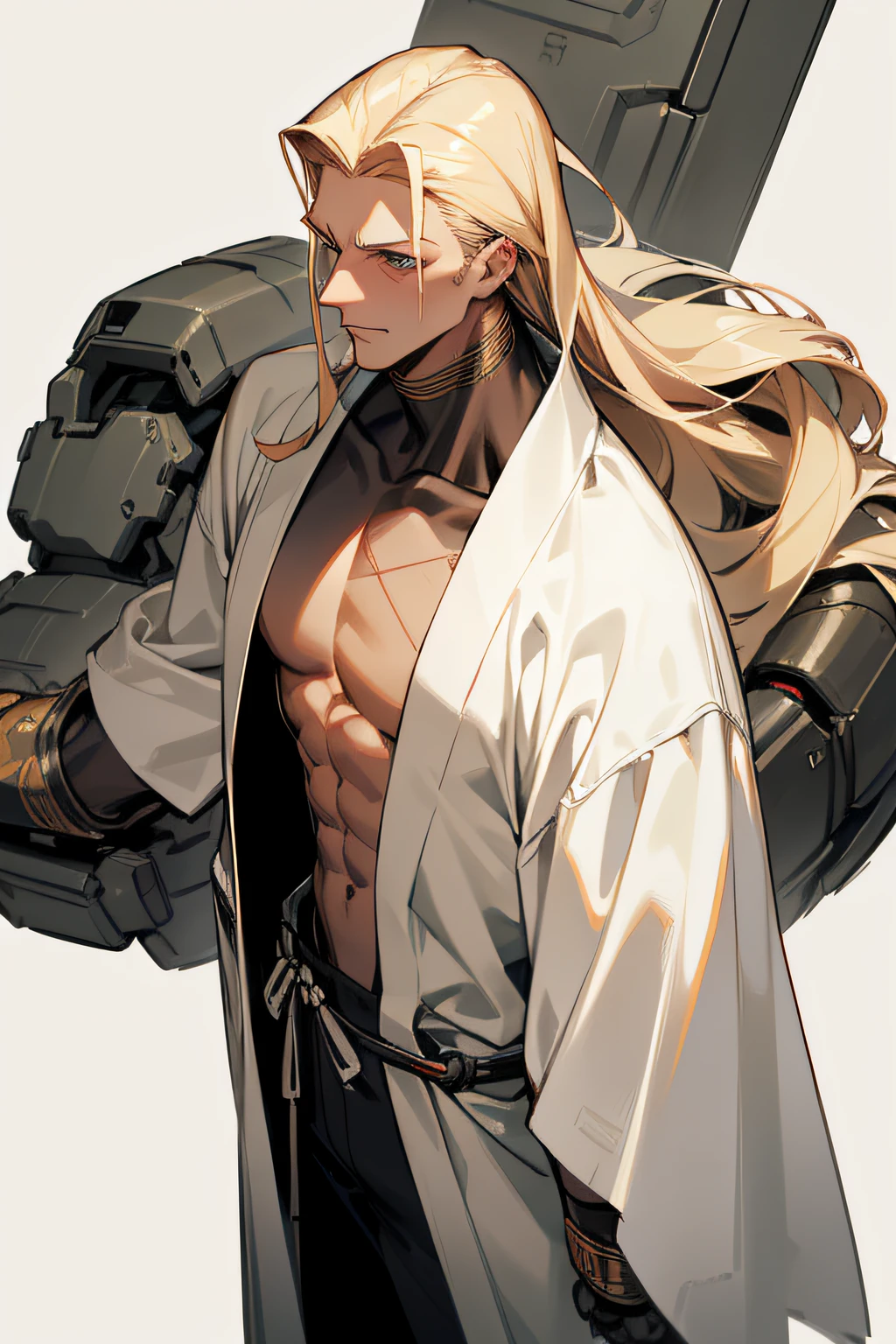 Male, 1 man, middle-aged man, cyborg arms and part of the cyborg torso, tall and muscular body, long blond hair combed back in a messy way, wearing a white kimono without many decorations or large details