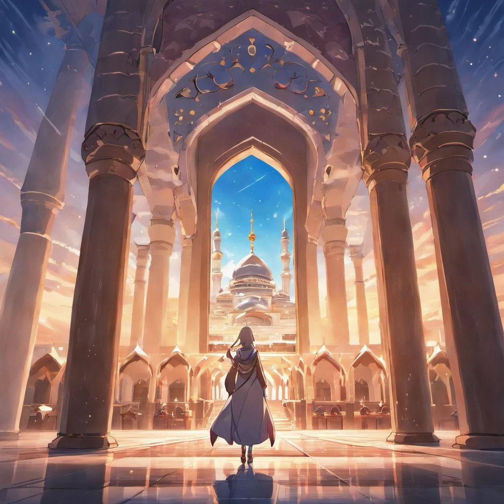 Islam, Imagine a breathtaking image of a tranquil mosque bathed in the soft glow of the setting sun. The mosque's minarets reach toward the sky, and in the foreground, a person is shown in a moment of deep concentration, engaged in prayer. The warm, golden light envelops the scene, creating a sense of peace and spirituality.