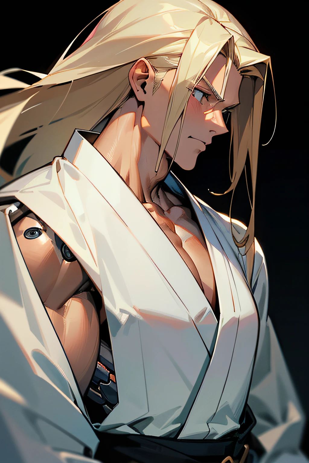 Male, 1 man, middle-aged man, cyborg arms and part of the cyborg torso, tall and muscular body, long blond hair combed back in a messy way, wearing a white kimono without many decorations or large details