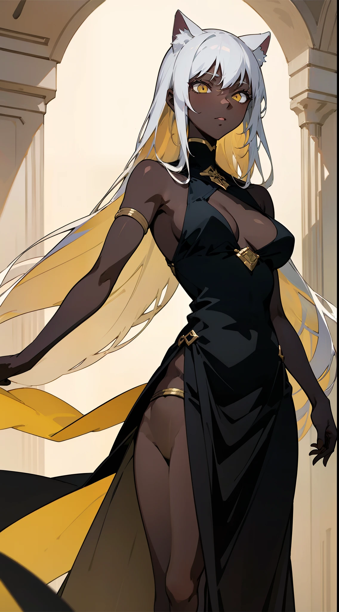 (Original Character,8k, Masterpiece, Best Quality,Detailed, Beautiful Detailed Eyes, solo),1girl ,20s,neutral face, egypt outfit,medium tits,white hair,long hair,yellow eyes,Cat ears,((standing in a castle in egypt)),(colored skin, black skin),cowboy shot,