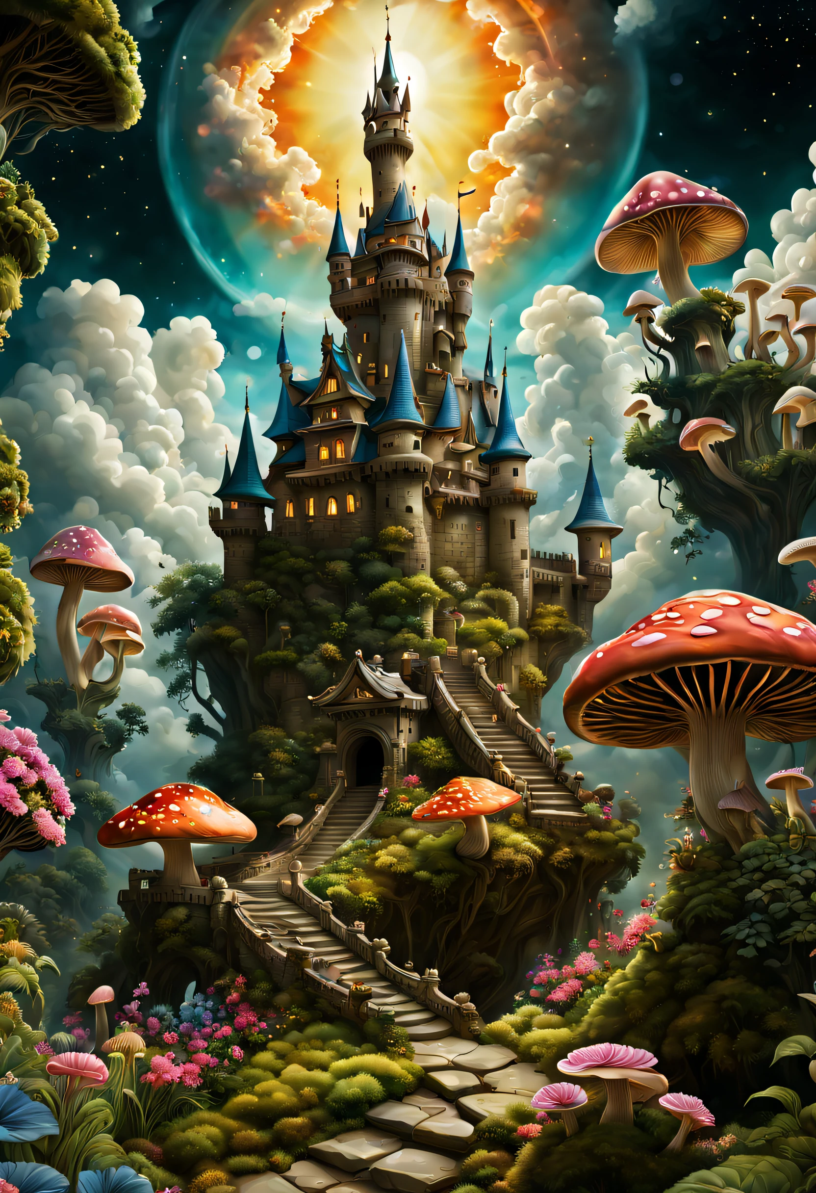 ral-mycelium firefly fairy wearing ral-mycelium city in architectural style inspired by sun and mushrooms and forest and flowers, bright high contrast psychedelic surreal fairytale colors, colourful, at night, by Gustave Dore