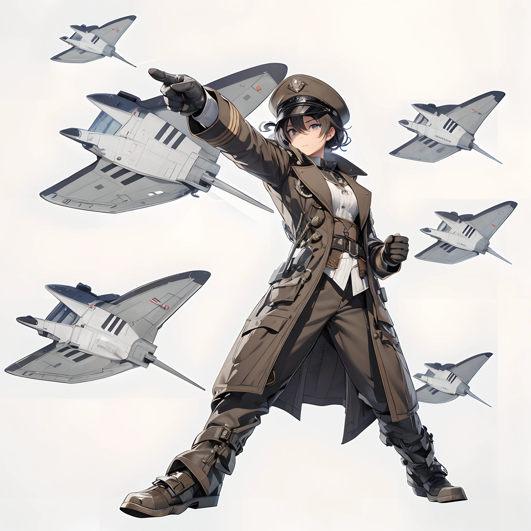 Lead Leader、The ultra -The high-definition、Standing alone、（（Charismatic young woman））、Military Personnel、steampunc、Pointing finger、（（The gaze is far away））、gloves、（Flying Grey）、（（Nice Body））、（confident facial expression）