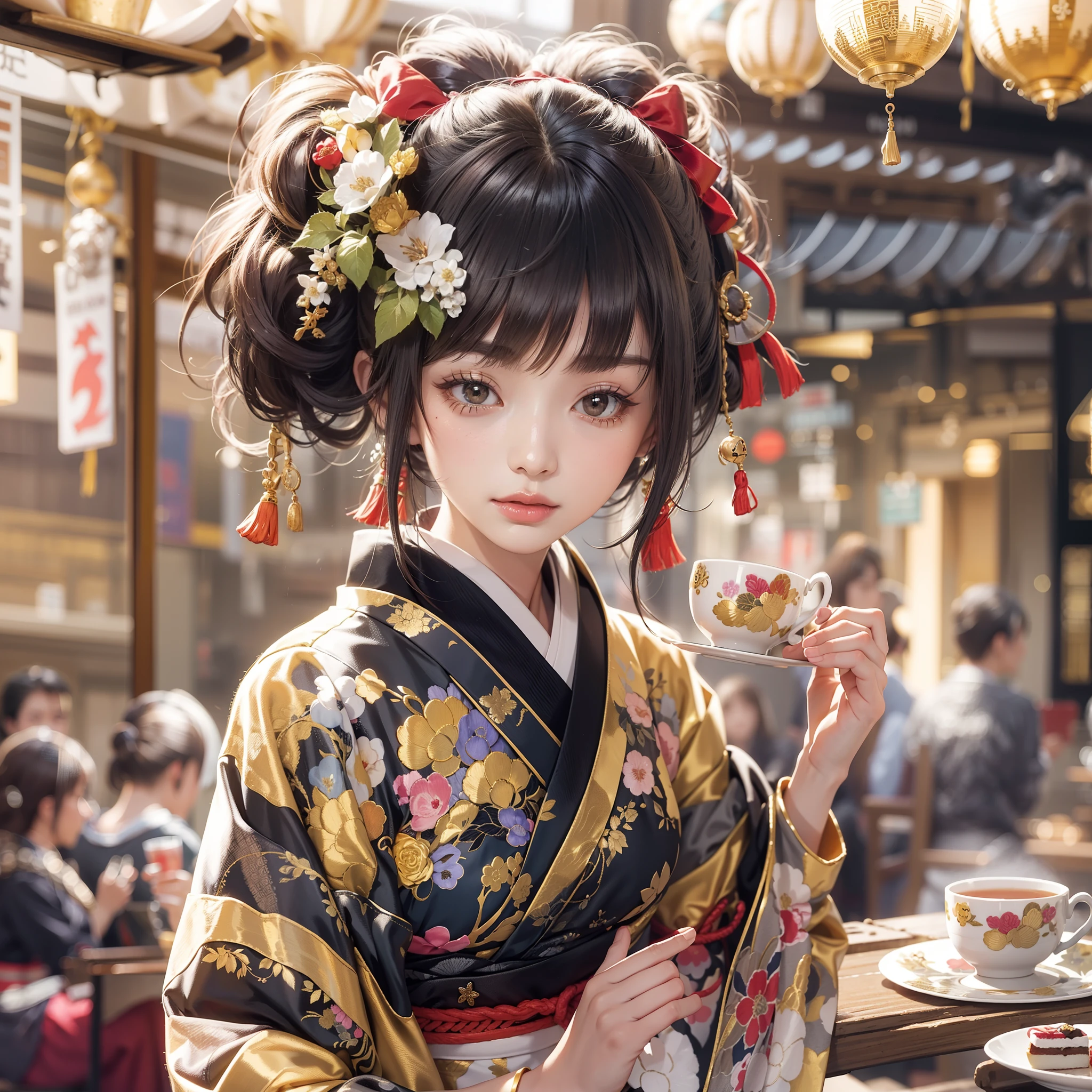 Detailed background(tea shop(The cityscape of Kyoto seen outside the window)),Laid on the table(a cake).Hold it in your right hand(cups＆saucer),BREAK,Put it in your mouth(a cake),BREAK,elaborate costume{Luxury kimono(Colorful kimono(Detailed golden embroidery,))}、(Japanese Idol(actress):1.2)(face perfect:1.2),Depicting a beautiful and classy adult woman。glossy dark hair(poneyTail),Heart in the eye。 Wallpapers 16K, .Blur the background with a sickle,((masutepiece)), ((Best Quality)),{{a portrait photo of}},full body Esbian