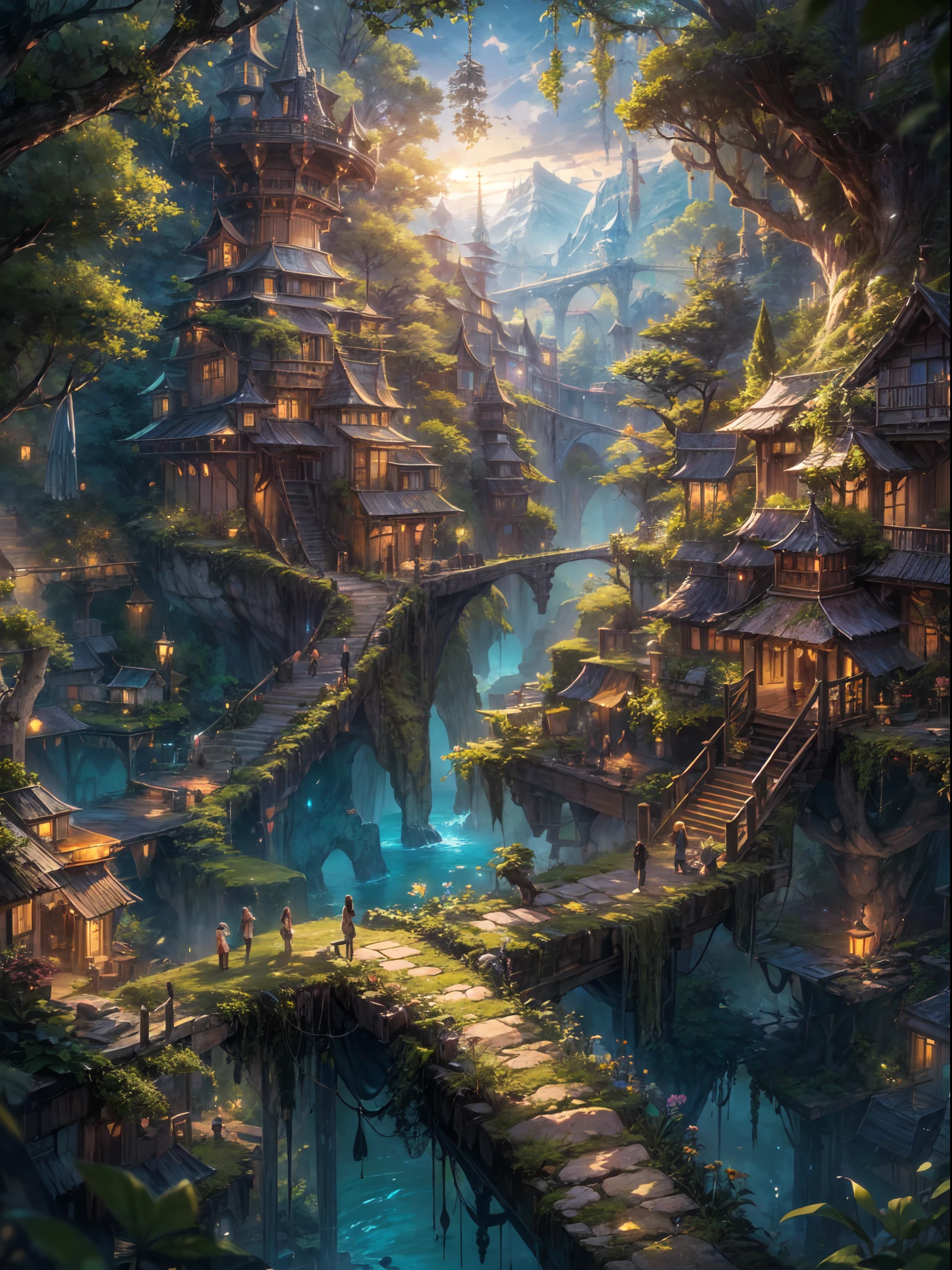 (best quality,ultra-detailed),(fantasy,imaginary) elven city,jungle,wide shot,far shot, aerial view,(magical,enchanted) world tree,tree houses,(natural magic,mystical powers),vibrant colors,(ethereal,otherworldly) lighting, extreme detail,peaceful escapade,mesmerizing tranquility,journey into the wild,ethereal beauty,unpolluted sanctuary,blissful solitude,serenity in motion,untouched paradise,wondrous adventure,magical journey,hidden treasures of nature.