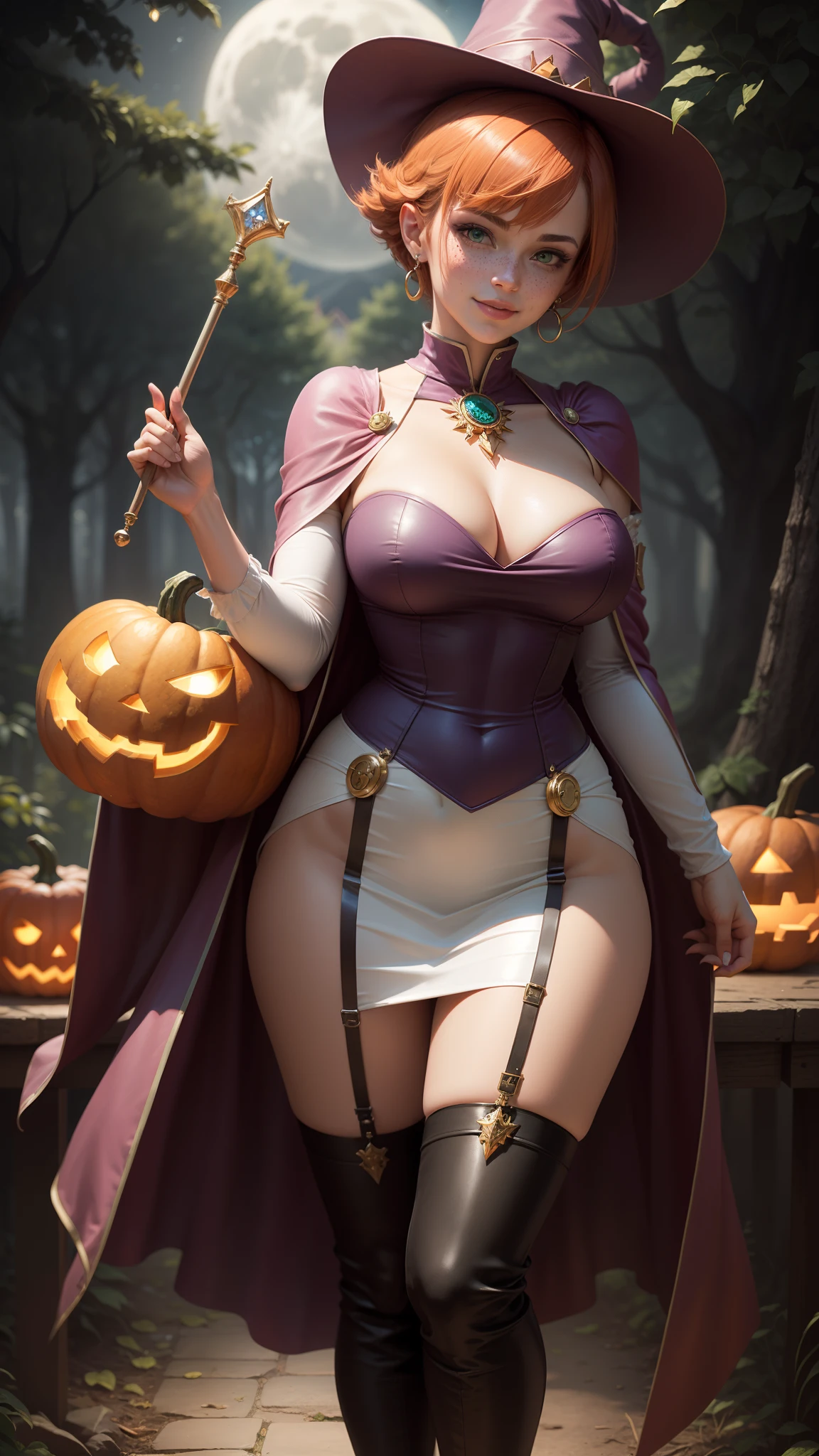 dark magician girl,gwen tennyson,tracer,bulma,rebecca chambers,Yu-Gi-Oh,solo girl,close up,moonlight,gold neck jewelry,body tattoos,short pink skirt,garter belt,short hair,dark magician girl hat,dark magician girl dress,dark magician girl robe,holding a wand,pumpkin village,pink magician girl cloak,silver earrings,halloween forest,glowing pumpkin,green eyes,orange hair,shy smile,freckles,redhead,beautiful girl, large breasts,thigh high boots,ultra detailed,realistic,fantasy art,