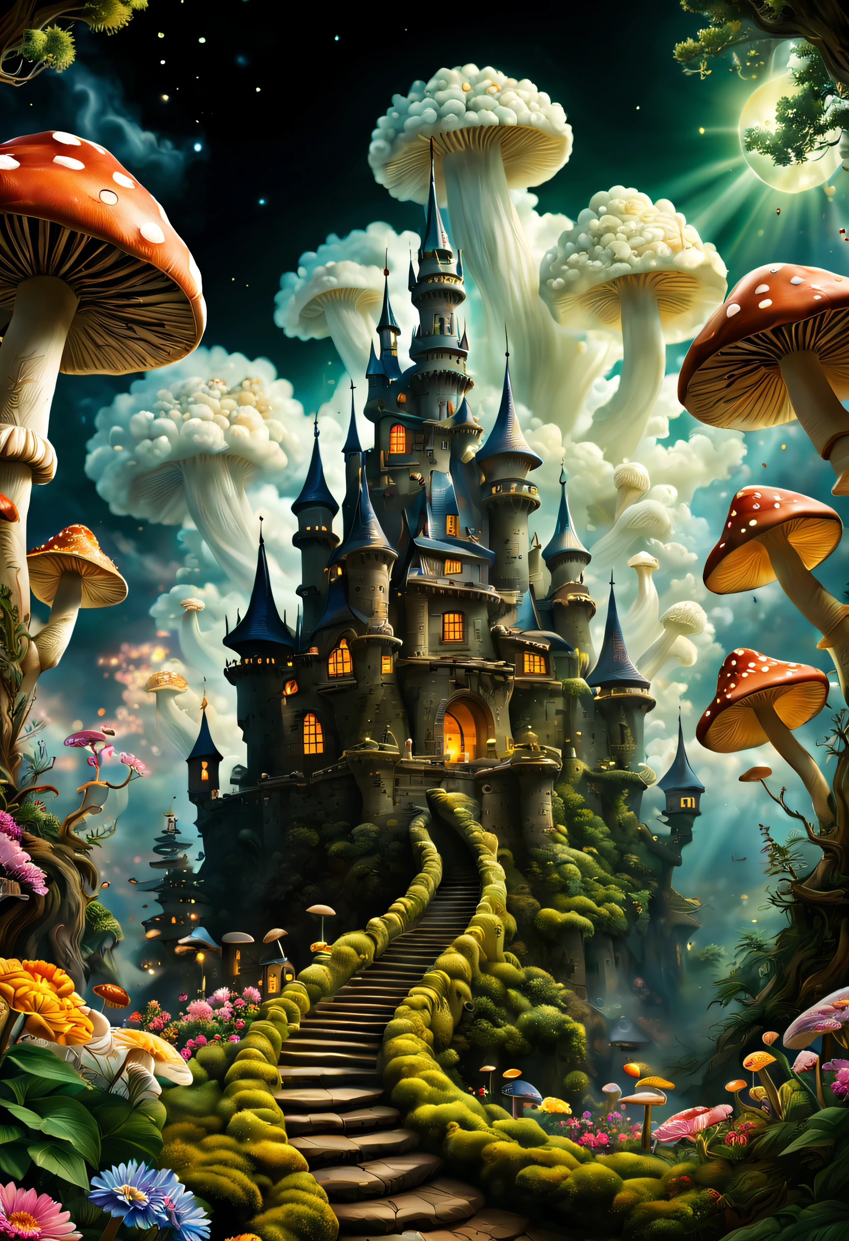 (((masterpiece))), (((best quality))), ((intricate detailed)), ((Hyperrealistic)), (Swirling clouds and colorful flowers), (forest fireflies fantasy japanese mushroom castle kingdom), beautiful background, light particles, sun rays, dramatic lighting, cinematic lighting, (midnight), (Irregular), (mysterious), (ridiculous), dreamy, disney, t shirt design, vector,