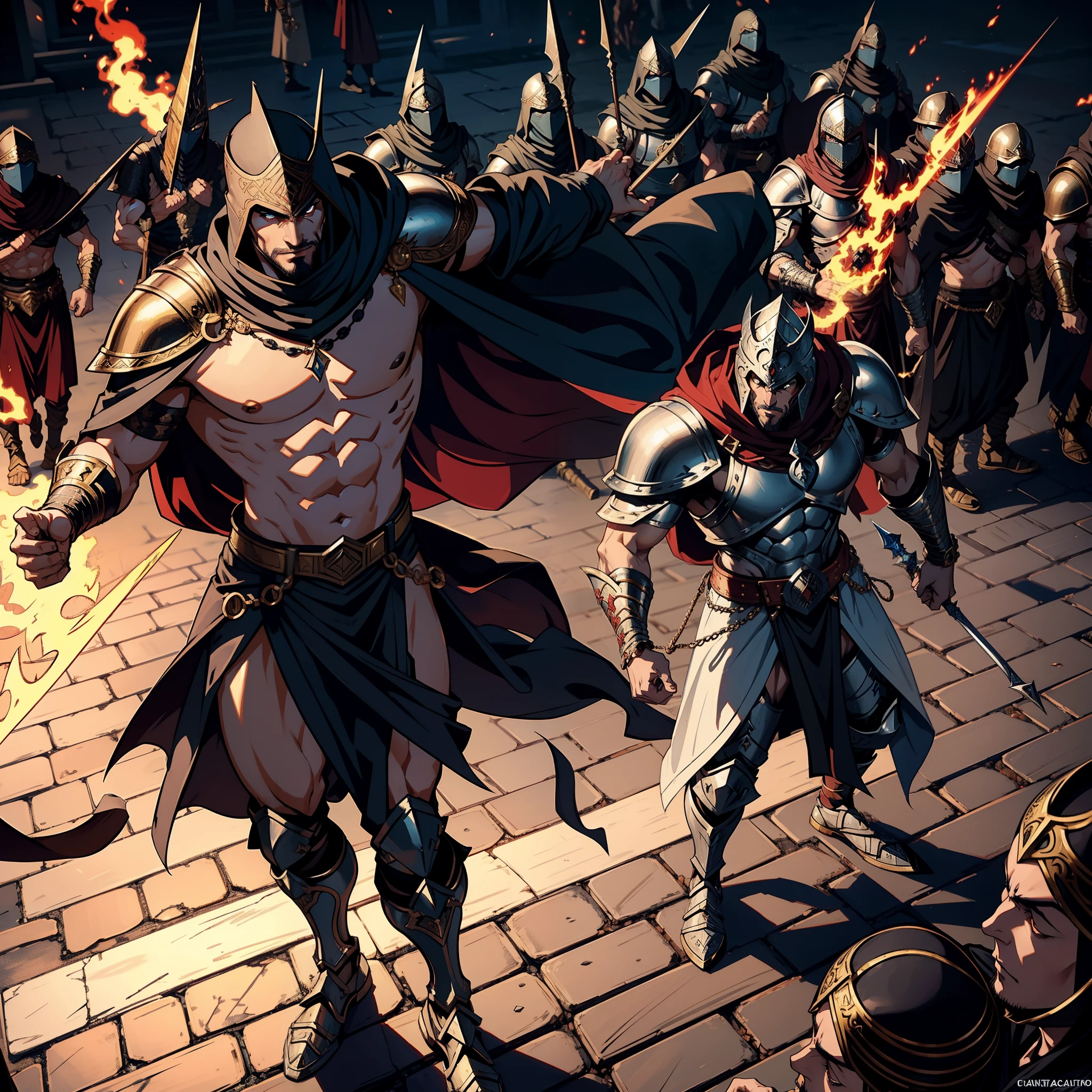 Moroccan lord Islamic Armor Wear muscular Dracula leads troops armed with jinn troops to fight sharp details cinematic scenes movie Epic Legendary perspective correct shooting correct proportions correct poses Photorealistic super detailed anatomy many djinn many djins around him hokuto no ken style