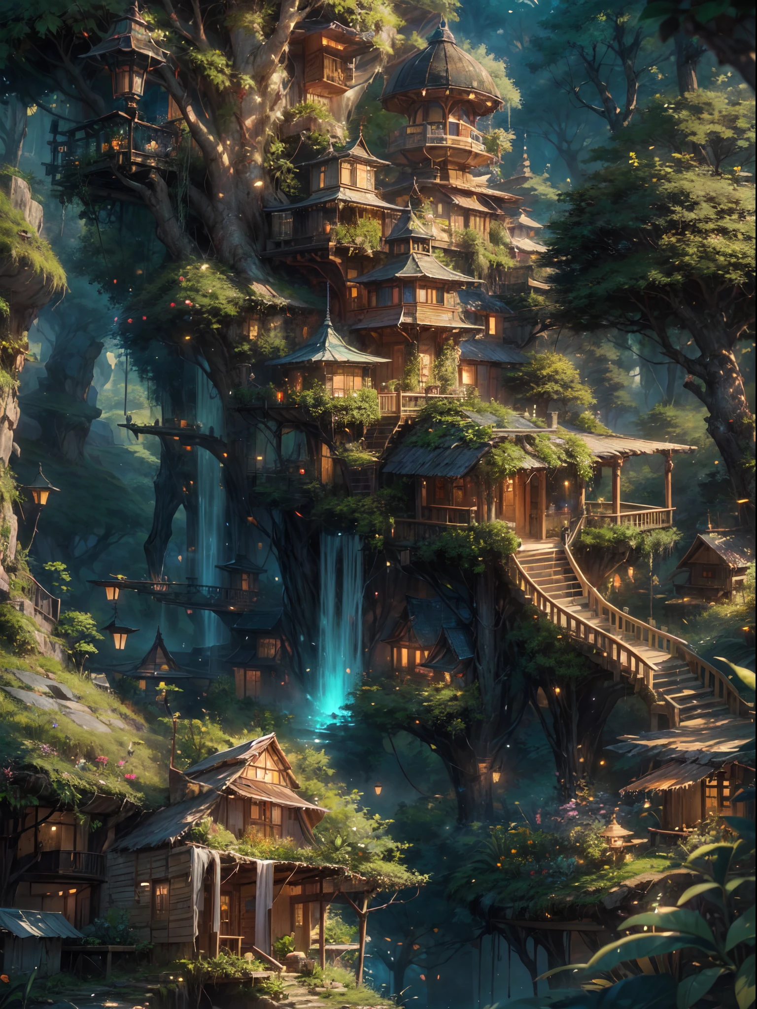 (best quality,ultra-detailed),(fantasy,imaginary) elven city,jungle,wide shot,far shot, aerial view,(magical,enchanted) world tree,tree houses,(natural magic,mystical powers),vibrant colors,(ethereal,otherworldly) lighting, extreme detail,peaceful escapade,mesmerizing tranquility,journey into the wild,ethereal beauty,unpolluted sanctuary,blissful solitude,serenity in motion,untouched paradise,wondrous adventure,magical journey,hidden treasures of nature.