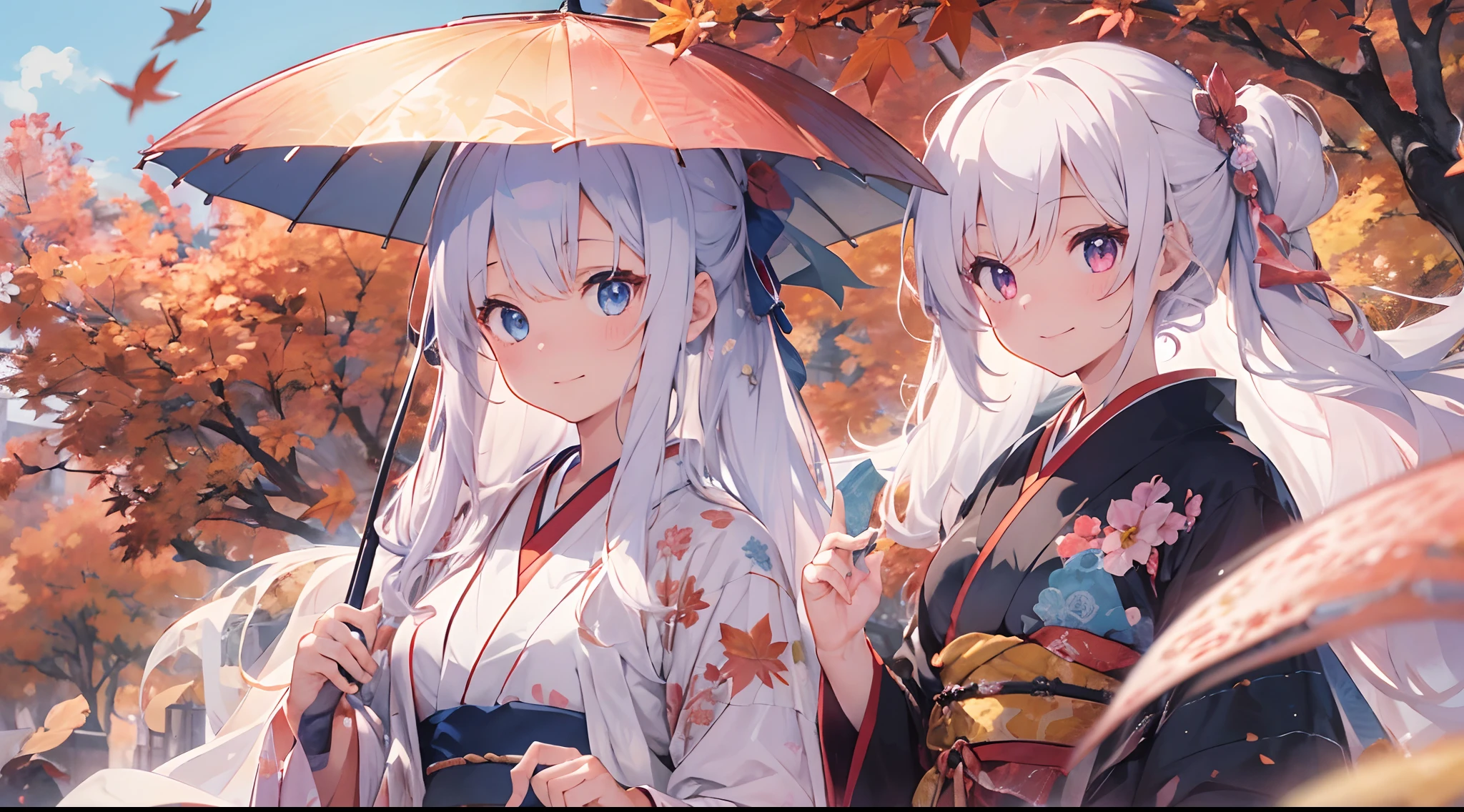 3 girls go to the fuji kawaguchiko autumn festival, wearing kimonos, best quality ,highly detailed, masterpiece, ultra-detailed, one is looking at the falling autumn leaves, the other two are talking, laughing with each other, one a person with iridescent blue eyes, long white hair, holding a traditional Japanese umbrella, a person with blue-violet eyes, long light pink hair tied with a flower-shaped hairpin, a person with harmonious red eyes, shiny black hair, holding a small hand fan. autumn leaves scene, 4k ultra.