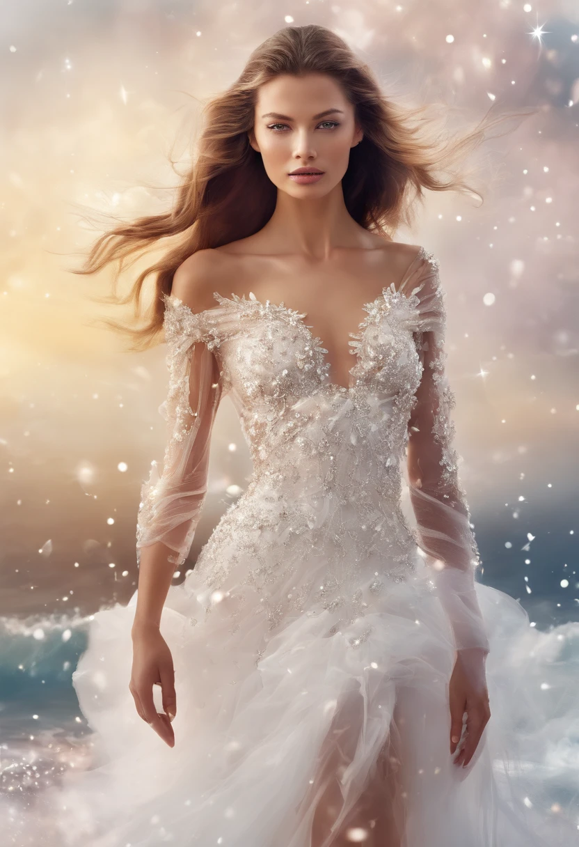 (best quality,highres:1.2),ultra-detailed,realistic:1.37,fashion show photo,(full-body shot),Gisele Bündchen, Adriana Lima, supermodel figure,(Chanel-style clothing),pearl necklace,beautiful high heels,glamorous,elegant,vintage,luxurious,indoor:set of a runway scene, (snowflakes, sea, stars) in the background,long-distance shot, texture of a photograph, creating this image.