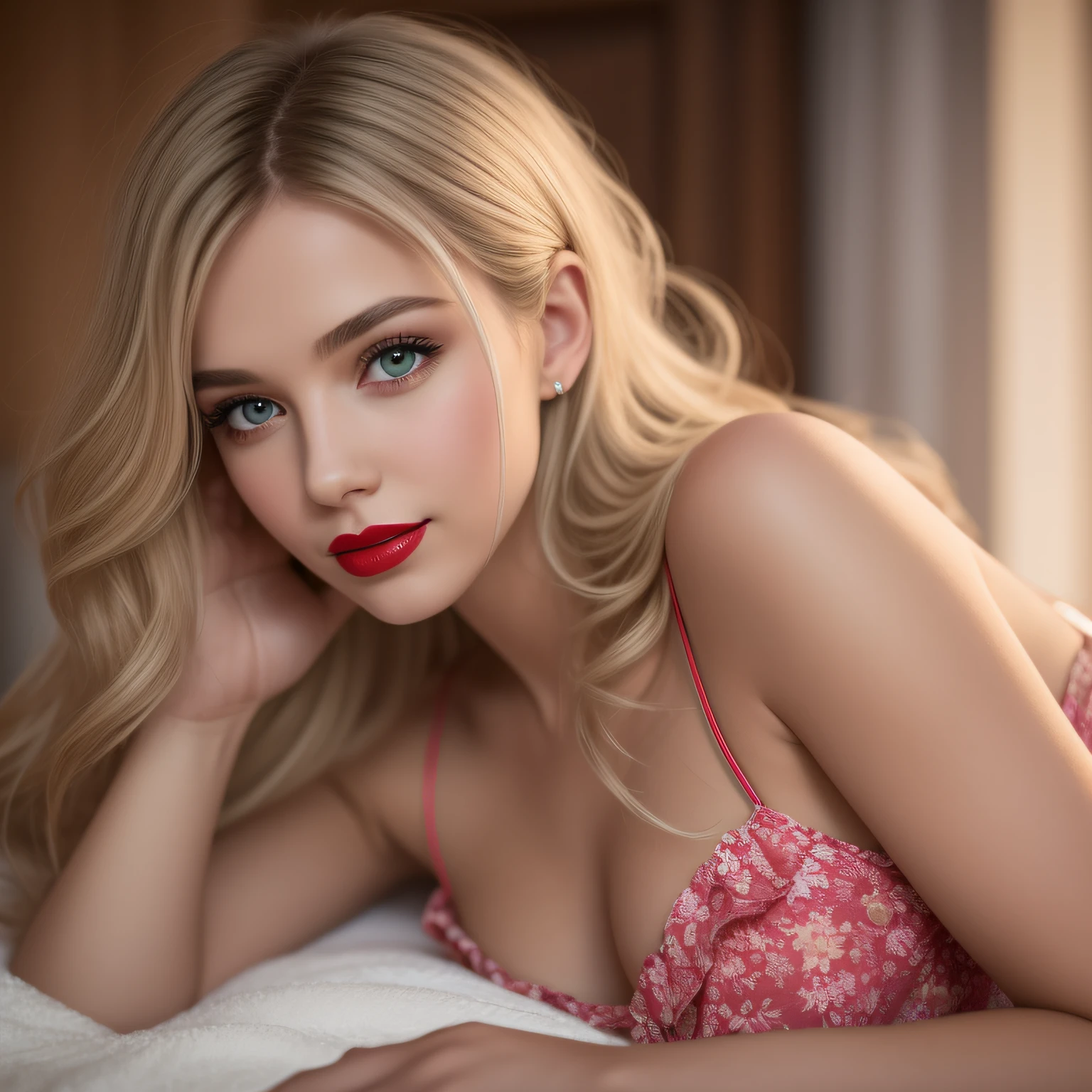 Une jeune et belle femme, blonde hair that gently falls in waves up to the shoulders, Taille moyenne, grands yeux verts, Peaux claires, Elle est en pyjama, Elle est dans son lit, Faire des soins capillaires avant de se coucher, The environment is illuminated by warm and pleasant colored lights that make your hair shine, Son visage est naturellement serein, lips with red lipstick, Texture 8K, highly detailed, Realstic, soft cinematic light, Hdr, mise au point nette, tmasterpiece, FotorRealstic, award-winning photograph, Canon EOS R5, 35 mm