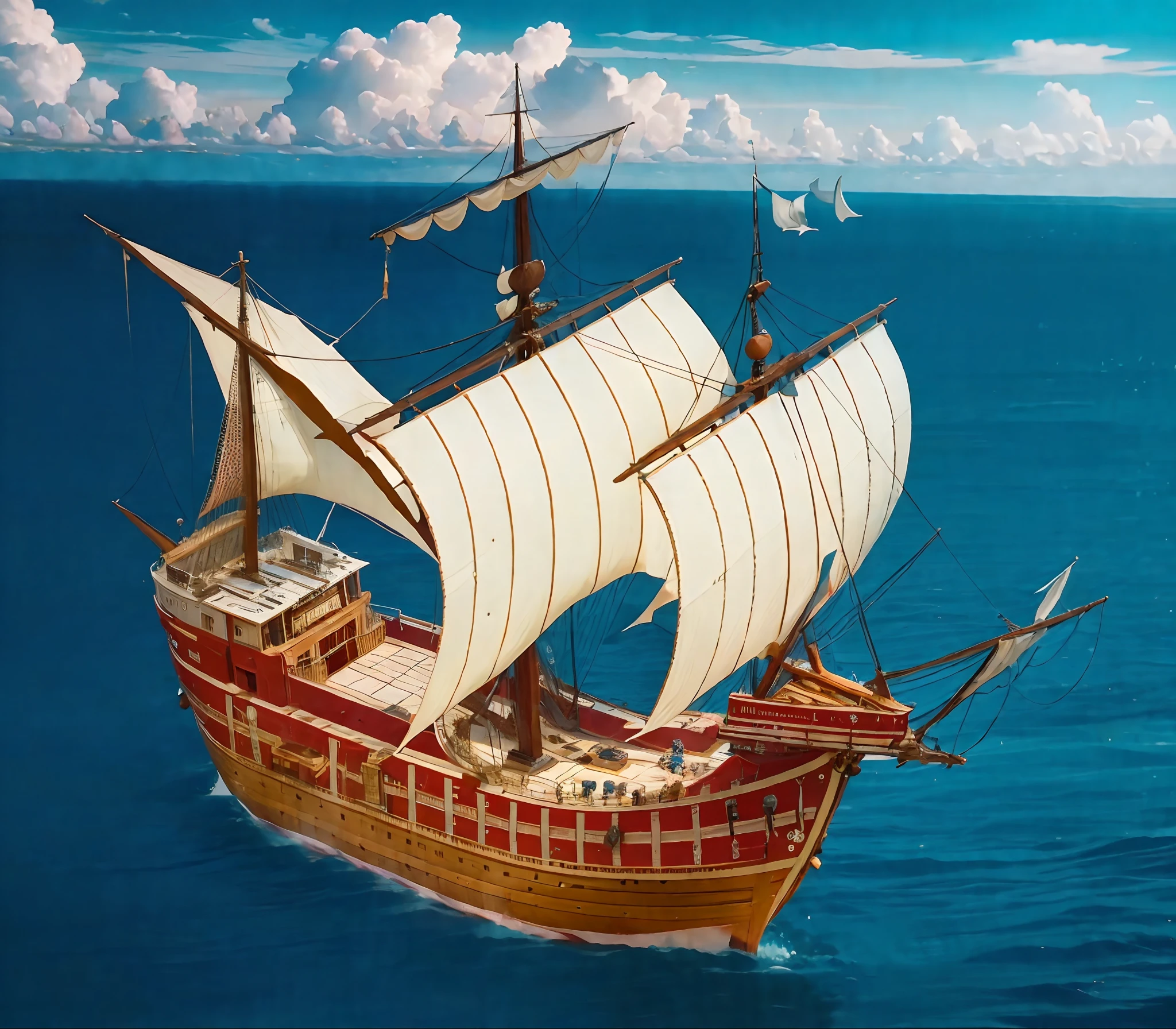 Show the whole and complete Big Carrack ship,The foremast square sail and the main mast square sail and the aft mast triangle sail,There are only three masts in total,Early 16th century,big and very round and very wide hull,The sails have 3 pieces, 63 feet long,20 feet wide,10.5 feet wide. The boat is characterized by being strong enough、Spacious enough for crew accommodation, 200 tons。The hull is stocky and very round,The side of the ship is high。It has a stern tower。