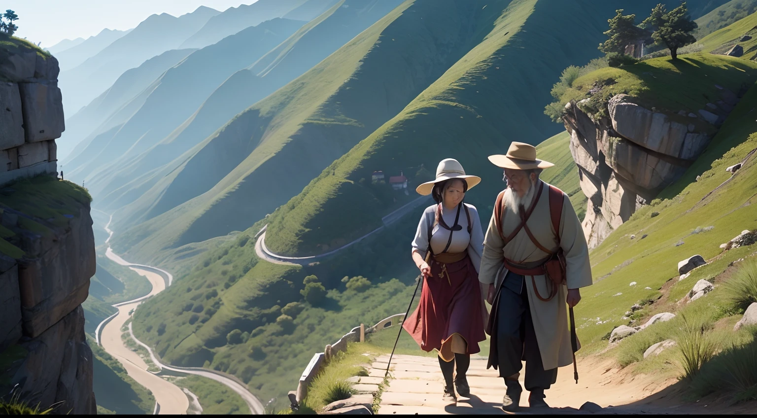 Aria a villager and a old Chinese man Master Yen hiking up the mountain.