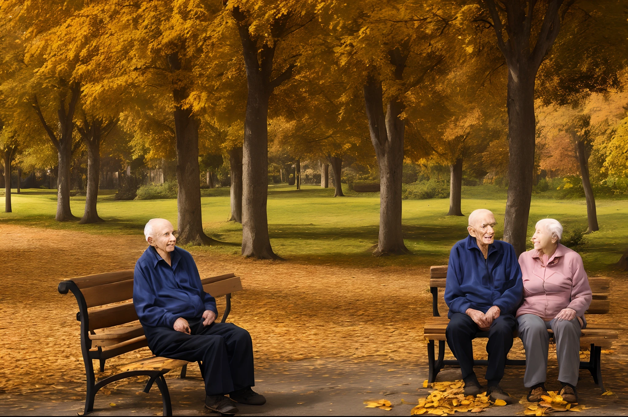 4K photo resolution, an elderly man and a woman's desire, sitting on a wooden bench, In the autumn park, Yellow leaves fall from the trees.