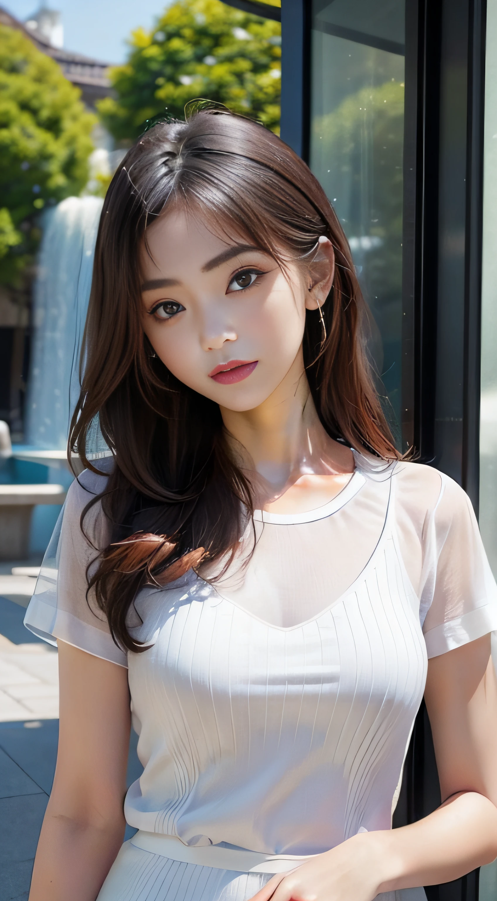 masterpiece、Top image quality:1.2、((beautiful young woman with))、Transparent skin:1.2、{A slight smil}、(kawaii)、Transparent short sleeve knit:1.2、luxury hotel、depth of fields、Sharp Focus:1.5、Fine details