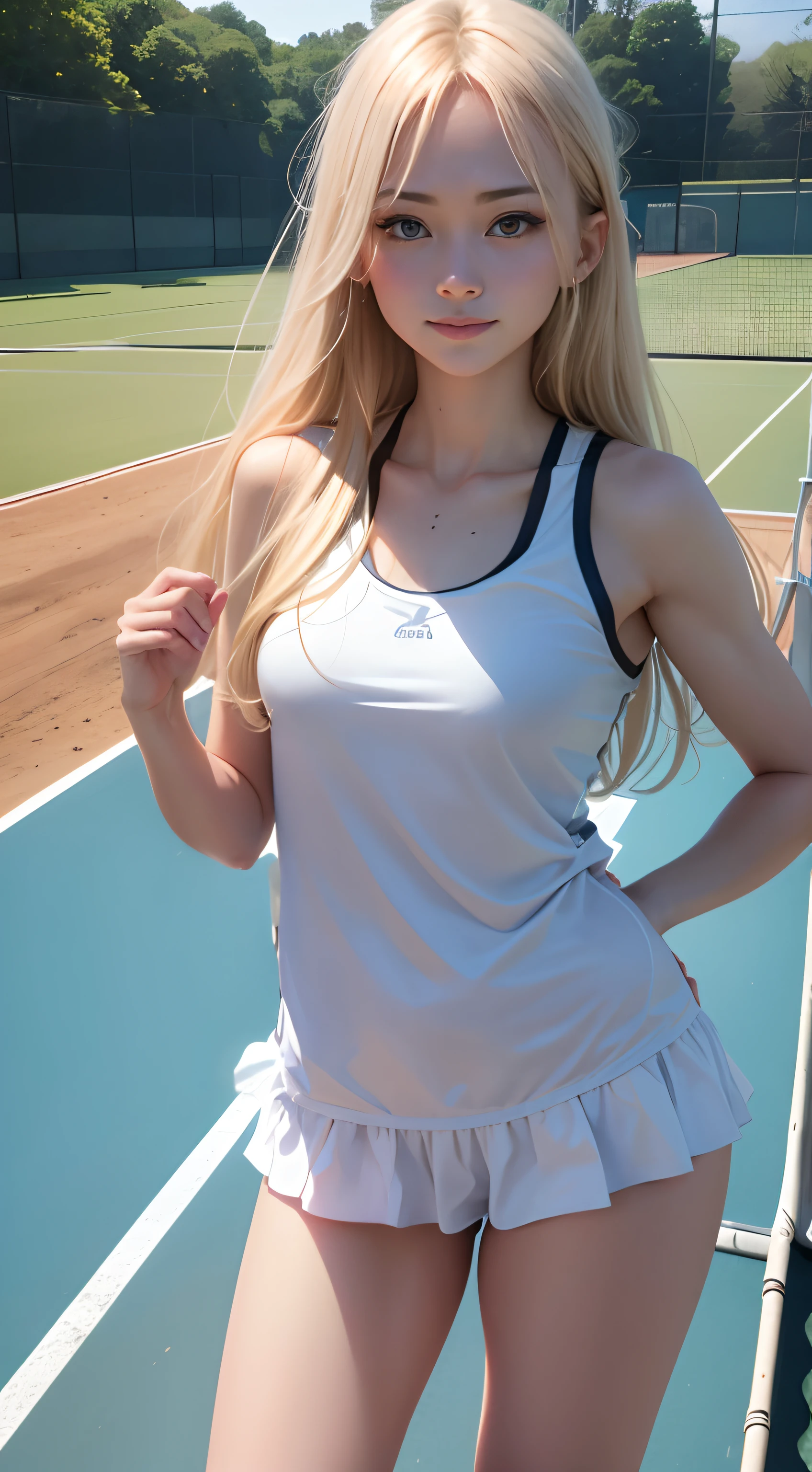 1girl in、Top image quality、Young Adult Women、hposing Gravure Idol、a blond、blue eyes、Tennis court on background、Tennis Wear、White undercoat、sneakers、A slender、realisticlying、ren、Correctly portray a person、A slight smil、Be sure to draw your face、Correctly delineate the structure of a person、