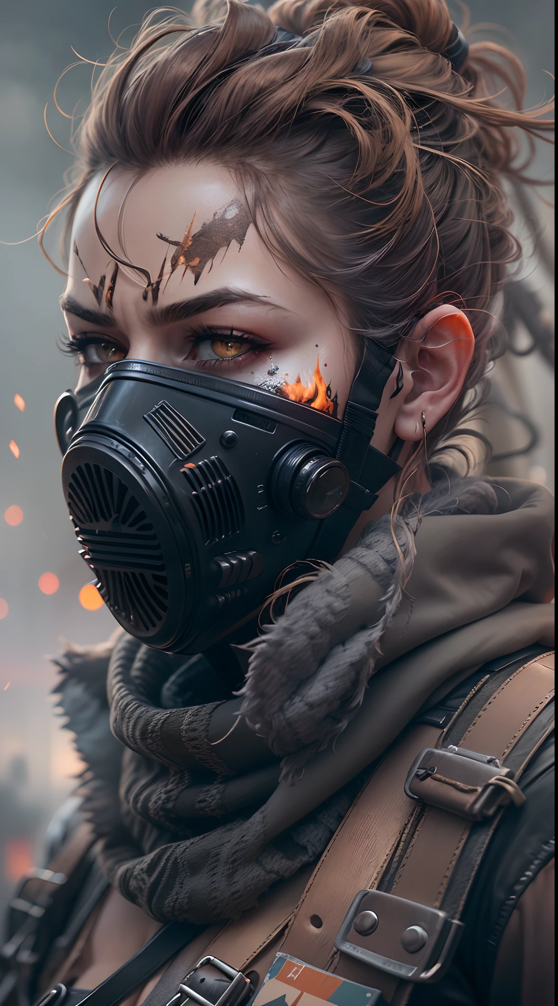 (Best Quality,4k,8K,hight resolution,Masterpiece:1.2),Ultra-detailed,Realistic,Photorealistic:1.37),mutinous,masked,rebel,Latex gas mask,commotion,A dangerous uprising,Rebellious hairstyle,disobedience,warrior,doodles,CityView,worn clothing,protest,anarchy,gritty texture,Revolutions,street art,Smoky Streets,bokeh,moody lighting,Street lamps,Fiery Sky,ominous vibe,Vivid colors,dystopia,lost,Social unrest,Political upheaval,Frowned upon,File an objection,Masked Rebellion,Urban decay,A defiant look,Resistance in masks,Tough stance.