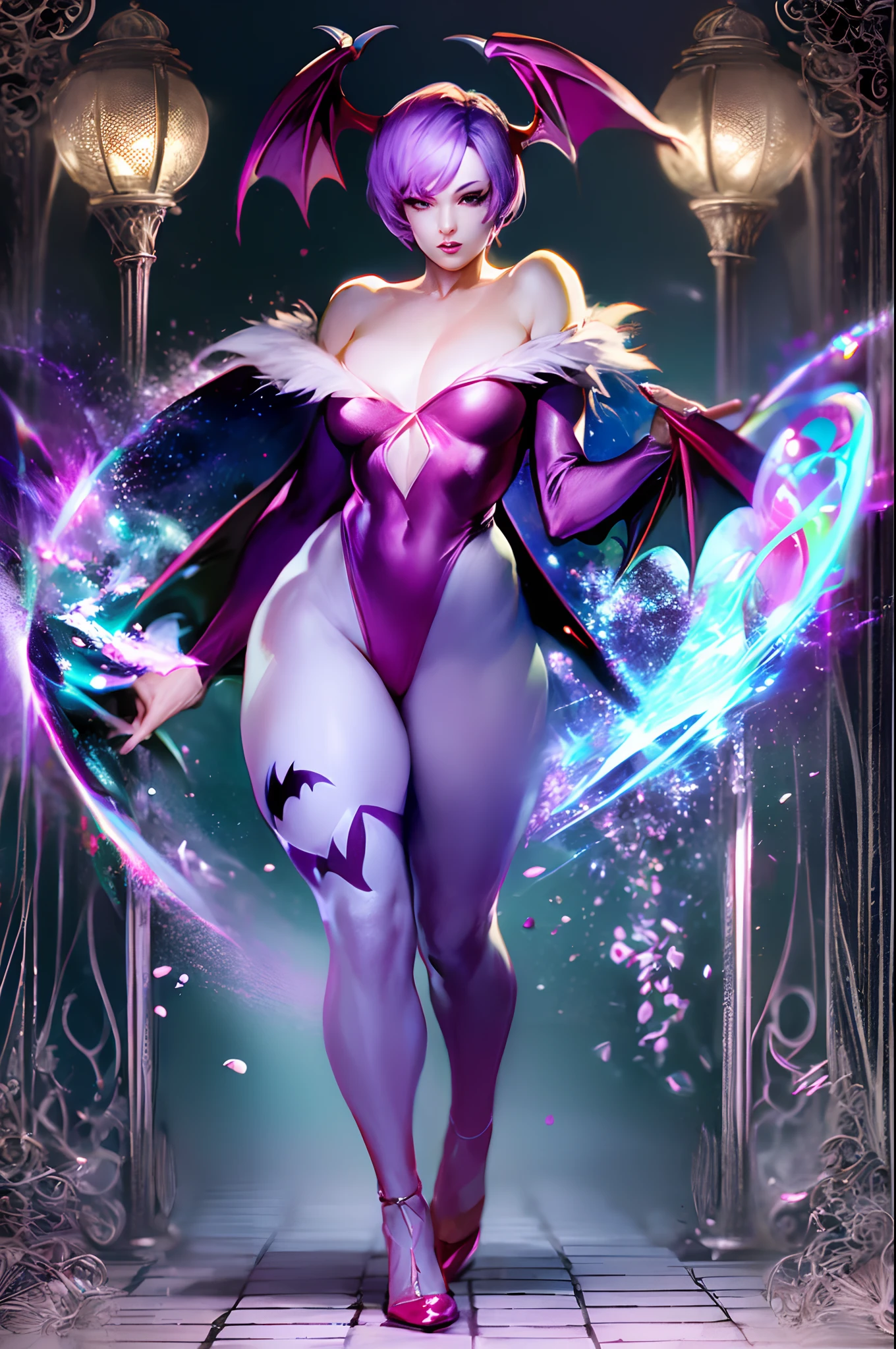 (masterpiece, best quality), intricate details, 1girl, darkstalkers_lilith modeseven, super curvy, comic style, vibrant colors, standing