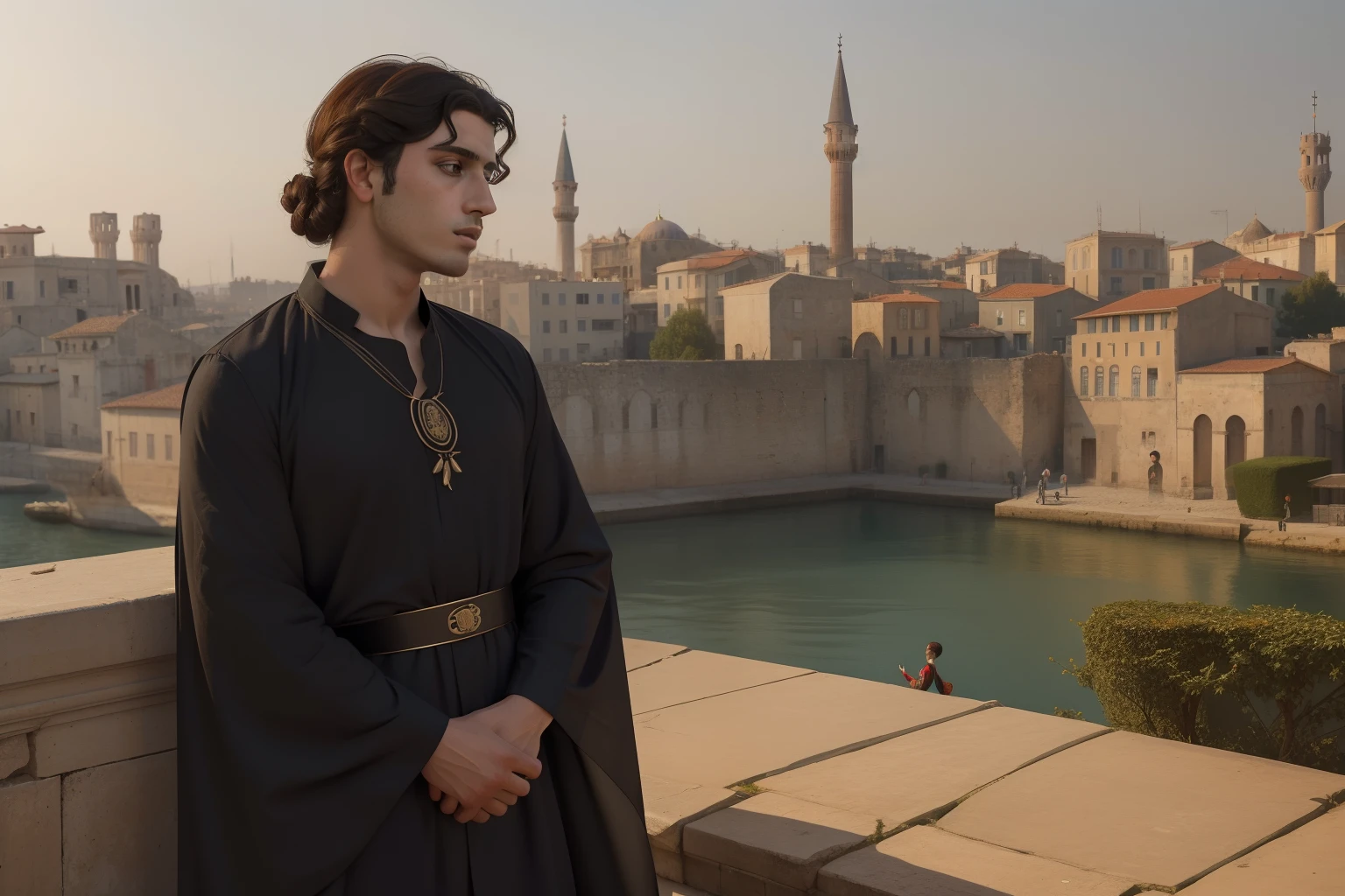 Year: 11th century. Location: Constantinople. Pre-raphaelite scene with a 21-year-old english man, looking in awe the wonders of the modern busy city, ((((11th century plain tunic)))) ((11th century hairstyle)), (((cinematic style)))