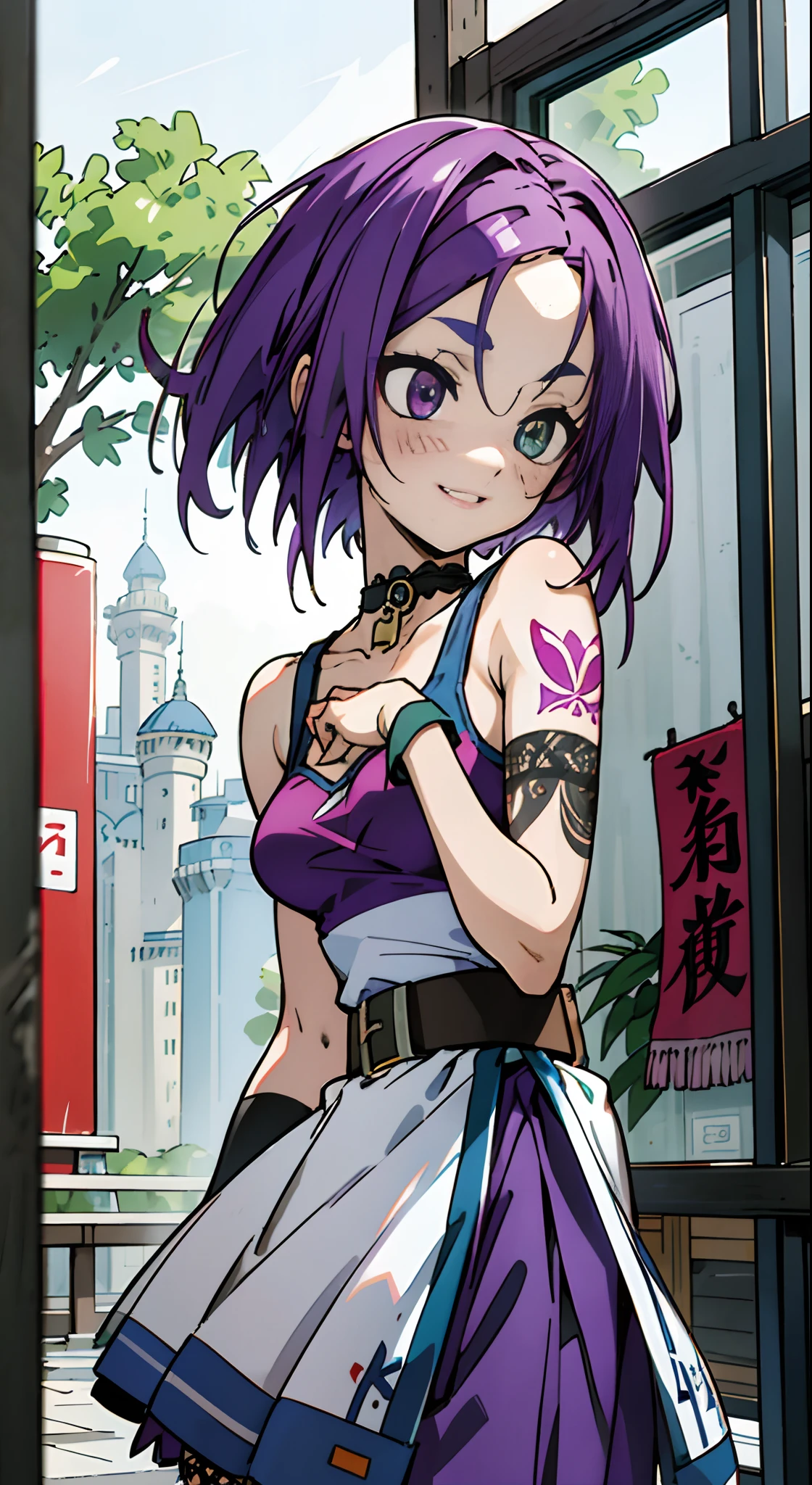 Masterpiece, Best quality, Ultra-detailed, Colorful,take up close, Hyper-detailing,purple color hair, Ultra-realistic hair quality, Vibrant colors, Beautuful Women, Beautiful long hair, Shiny hair, detailed hairs, reo mikage, bluelock, no sleeves, camisole and cheongsam, chinese clothes, chest exposure, lace underwear, the kinky is exposed, choker, black choker, arm warmer, Relative area, a belt, The tattoo, arm tattoos, Dragon tattoo, body tattoo, hand tattoo, Sexy breasts, Big breasts, red blush, 1girl in, Solo, sharpy face, heterochromia, green eyes, purple eyes, Bare neck, happiness face, rays of sunshine, Beautiful sky, shining sky, Shanghai Village, castle