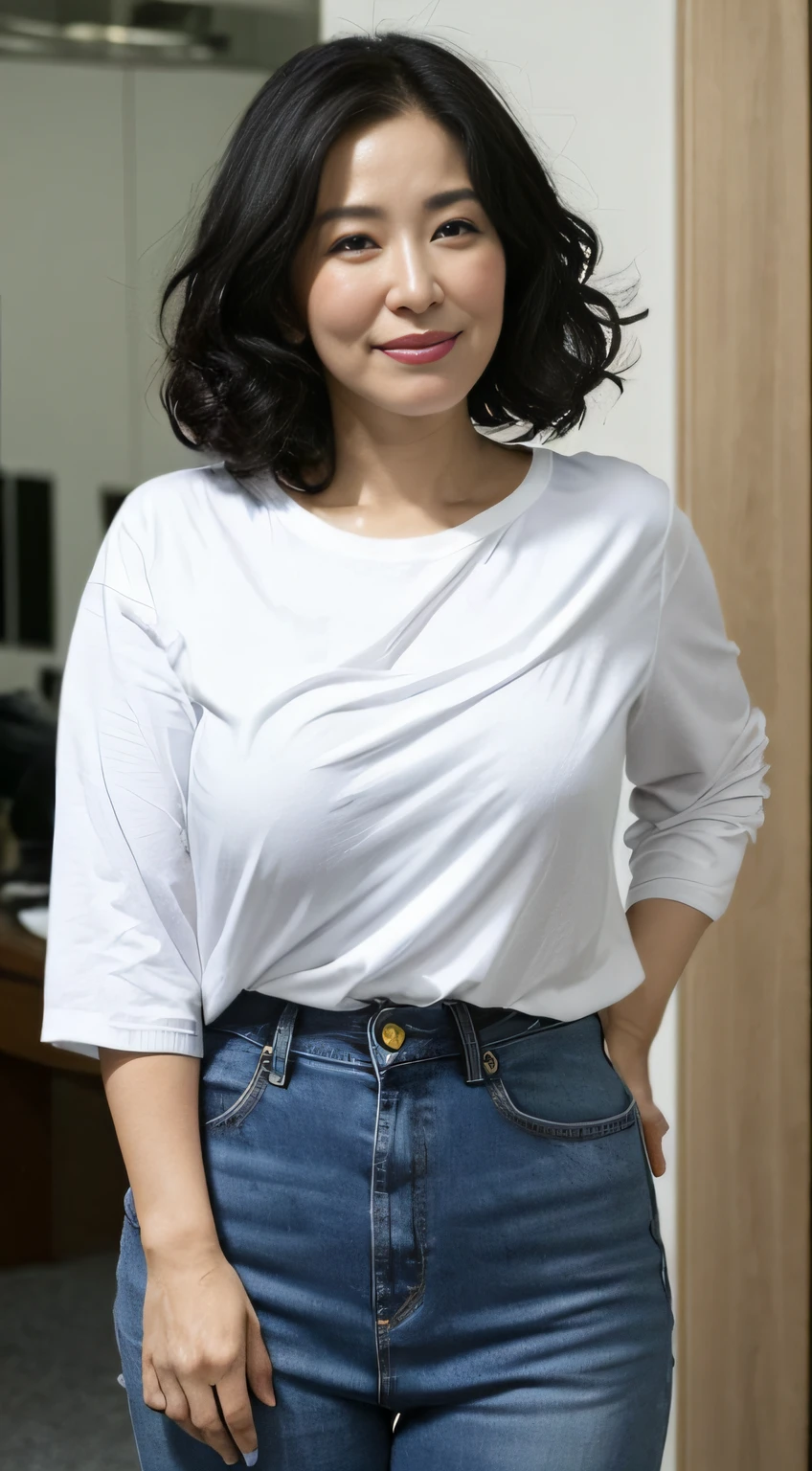 ((Best quality, 8K, Masterpiece, Portrait: 1.3)), (View viewers), Photorealism, Sharp focus, Solo, The Moro Islamic Liberation Front of Japan, Beauty,Wavy hair, Wrinkles at the corners of the eyes, to emphasize, ((Big breasts:1.3))),,30 years old, curlies, Wrinkled eyes, white tight t-shirt, denim pant((looking at viewert))