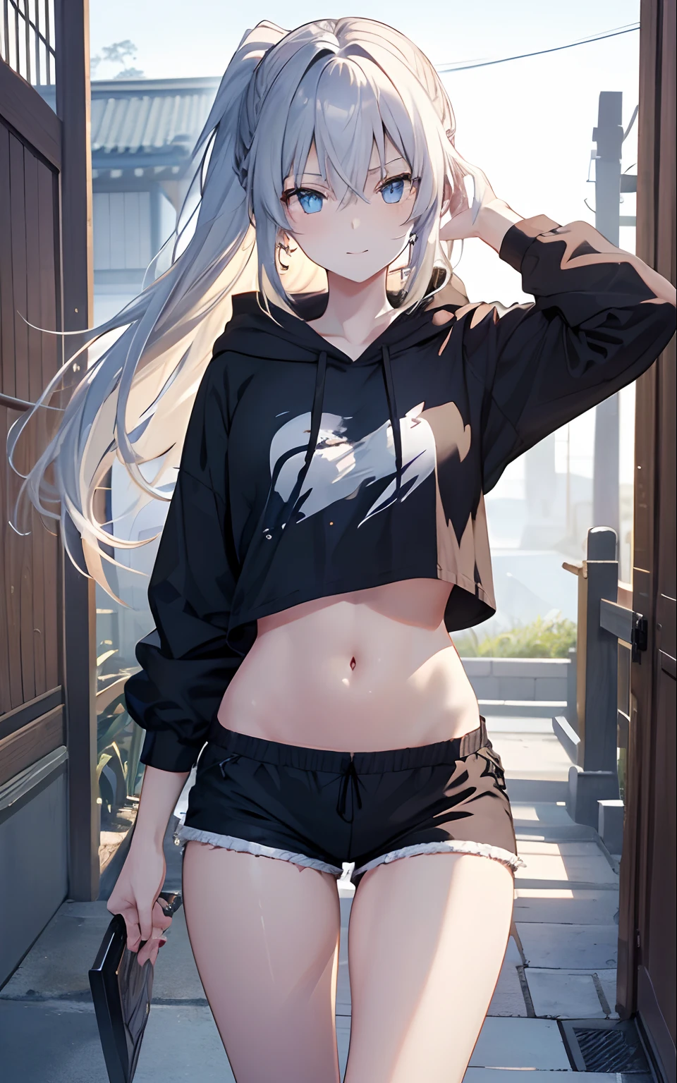 a beautiful detailed girl in Washitsu, artoria pendragon alter fate,Fate/Grand Order, golden eyes, blond hair, horsetail, black string ribbon, black hoodie, camisole, shorts, knee length boots, around 20 years old, thin body, small breasts, type moon style, anime screencap, Kyoto animation style, whole body, view straight on, legs, hand_up, flat chest, girl,woman,female, young,20 years old, long hair, messy hair, hair between eyes, ponytail, sidelocks, pale blue hair, messy hair style, ahoge, Beautiful face, smile, v-shaped_eyebrows, heart-shaped_pupils, medium_breasts, navel, , blue eyes, white skin, earrings, beautiful bare back, wet clothes,Completely naked
I took off my clothes