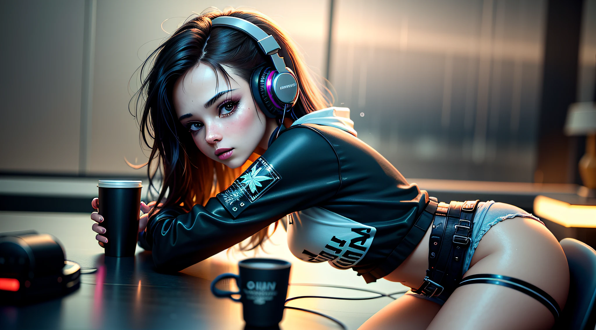 (Best quality, 4k, Masterpiece :1.3), ((rainy night: 1.5)), Girl 20 years brunette , cyberpunk lo-fi, in the bedroom, listening to music on pc, coffee cup on the table, headphones, open window on rainy night, white top glued, short shorts, wearing socks, ultra detailed, full cyberpunk headset, intricate details, 16k