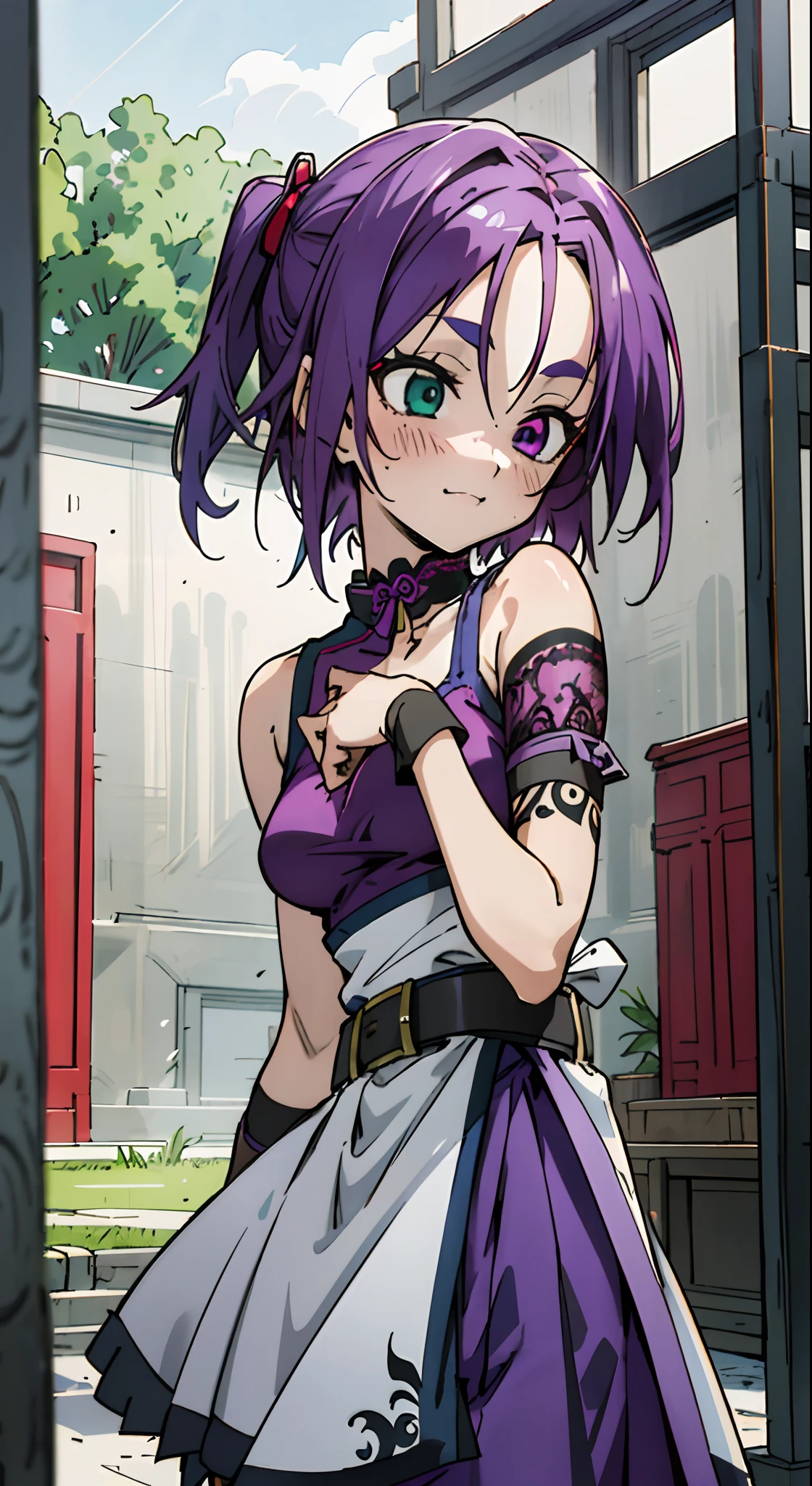 Masterpiece, Best quality, Ultra-detailed, Colorful,take up close, Hyper-detailing，purple color hair, Ultra-realistic hair quality, Vibrant colors, Beautuful Women, Beautiful long hair, Shiny hair, detailed hairs, reo mikage, bluelock, no sleeves, camisole and cheongsam, chinese clothes, chest exposure, lace underwear, the kinky is exposed, choker, black choker, arm warmer, Relative area, a belt, The tattoo, arm tattoos, Dragon tattoo, body tattoo, hand tattoo, Sexy breasts, Big breasts, red blush, 1girl in, Solo, sharpy face, heterochromia, green eyes, purple eyes, Bare neck, happiness face, rays of sunshine, Beautiful sky, shining sky, Shanghai Village, castle