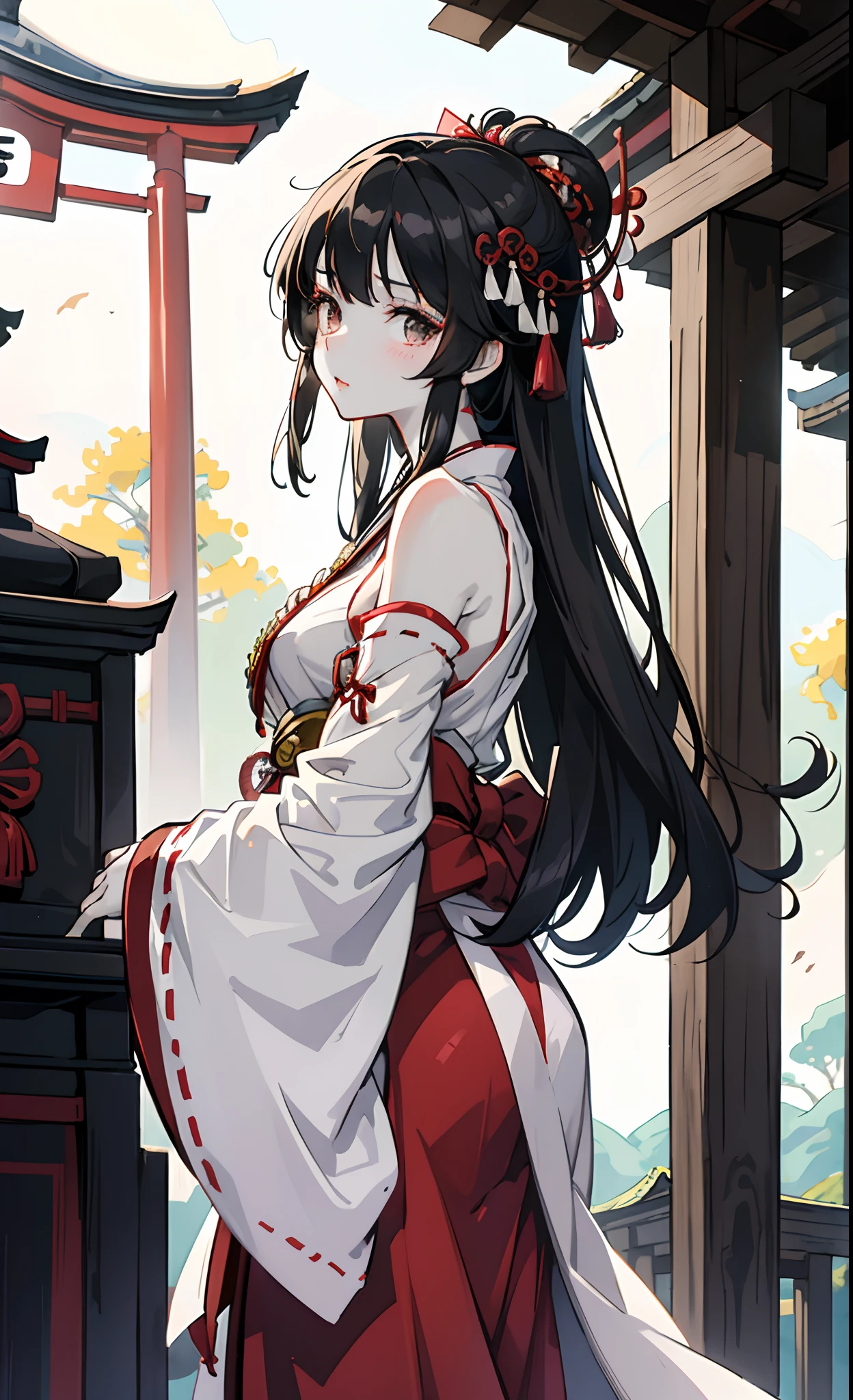 A woman with long black hair and red-pink eyes............Wearing a white Chinese dress......braid two sides.... Slim profile, Fair-skinned, large boobs, He blushed slightly............, Close your eyes and smile brightly..............On Mobile, white flower