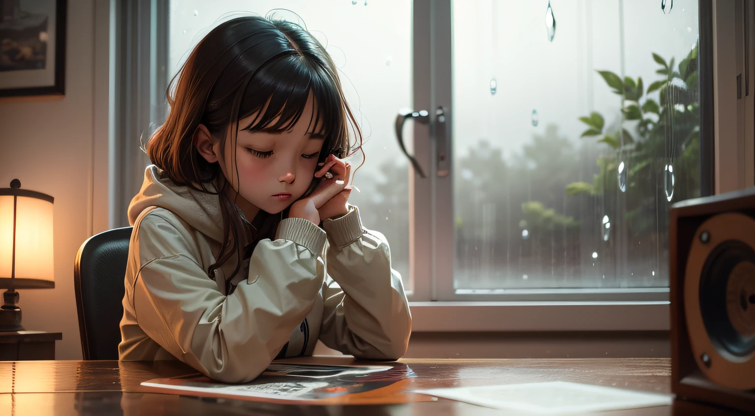 Create a LOFI-style digital artwork depicting a cozy girl, in the style of anime aesthetic, rainy day scene. Imagine a small coffee shop with warm, dimmed lighting. Outside the window, it's raining lightly, and you can see raindrops sliding down the glass. There's a steaming cup of coffee or tea on a wooden table, surrounded by books and a vinyl record player. Capture the serene atmosphere of this moment with soft, muted colors and subtle textures. Make sure to emphasize the details that give the scene its nostalgic, relaxed vibe