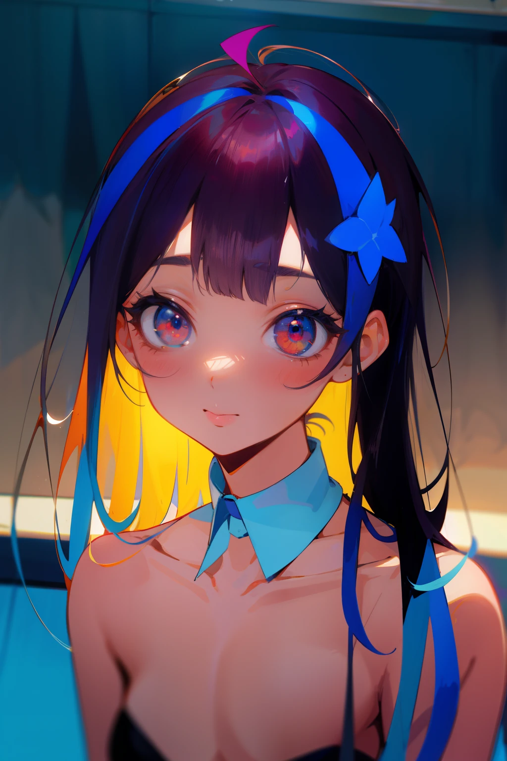 obra maestra, perfect ilumination, (Beautiful, La mejor calidad:1.3), ojos perfectos, absurdos, 8k, 1girl, solamente, (absurdos), Detalle fino, sonríendo, boca abierta, colmillo, lengua,  Mini_yaemori, Cabello largo, (ojos rojos:1.2), [cabello negro: ojos azules, :0.5], cabello multicolor, cabello azul, flequillo, hermoso, bikini, (bikini azul:1.2)