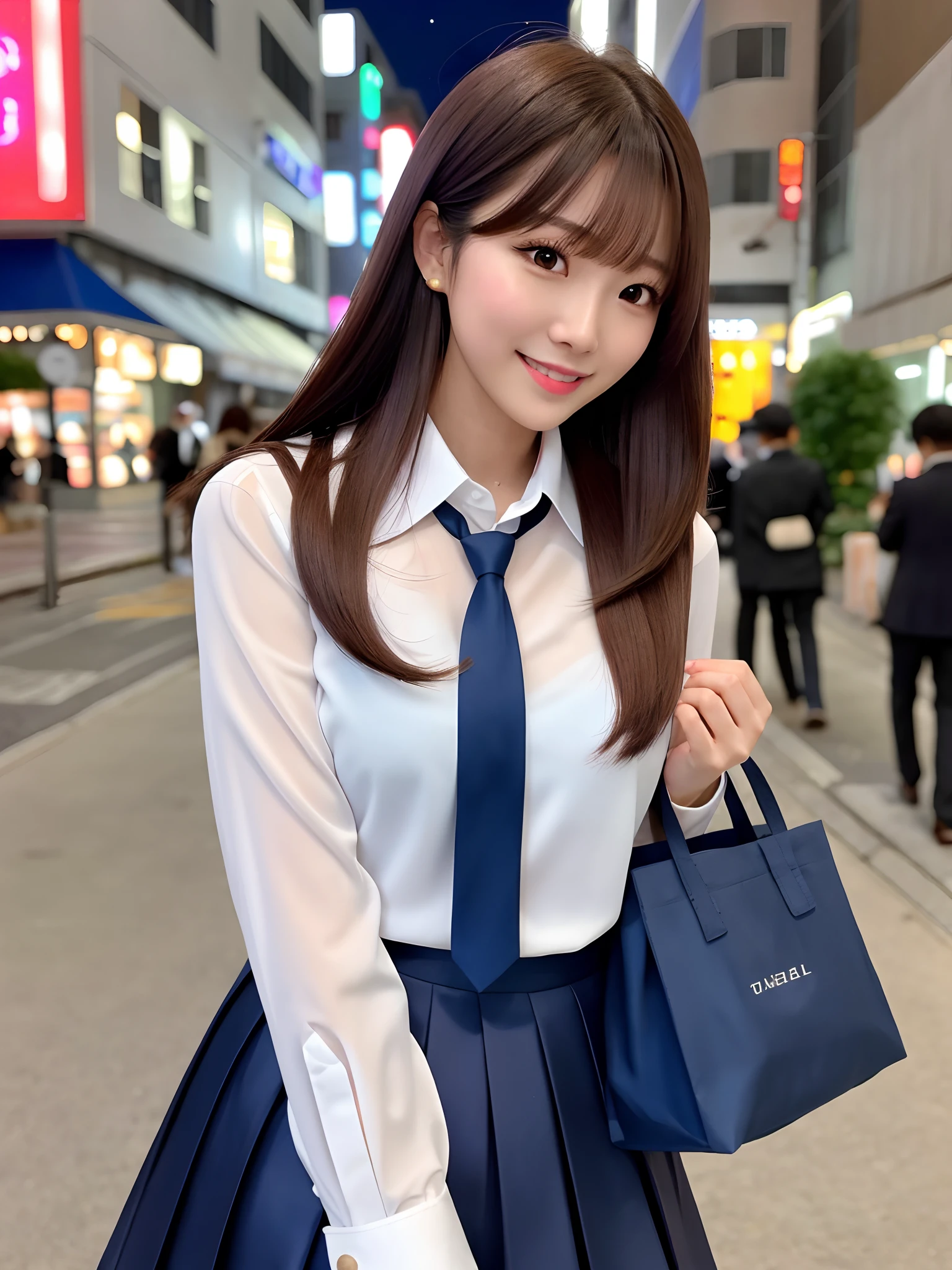 product quality, 1girl, upper body shot, front view, a Japanese young pretty woman, long bob hair, walking on a crowded sidewalk with a big smile in the night, beautiful night view, glamorous figure, wearing a long sleeves white collared silky satin shirt with shiny satin dark blue plain tie, wearing a dark blue pleated long skirt, carrying one tote bag over her shoulder, hyper cute face, glossy lips, double eyelids in both eyes, natural makeup, long eyelashes, shiny smooth light brown long bob hair, asymmetrical bangs, a tanned skin, central image, high resolution, high detail, detailed hairstyle, detailed face, spectacular cinematic lighting, octane rendering, vibrant, hyper realistic, perfect limbs, perfect anatomy