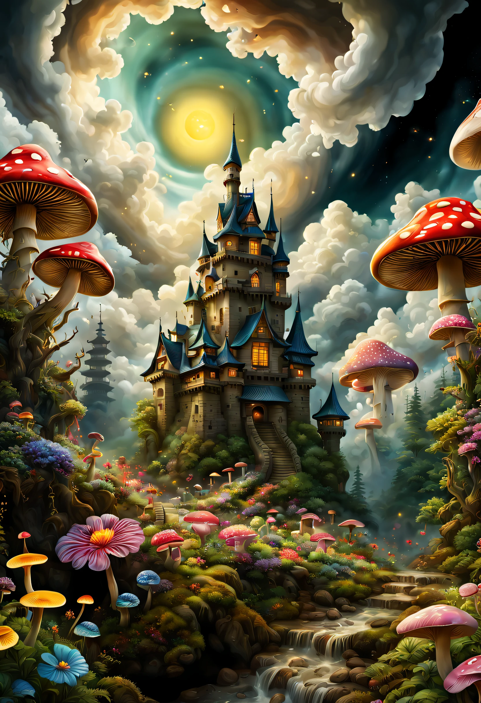 (((masterpiece))), (((best quality))), ((intricate detailed)), ((Hyperrealistic)), (Swirling clouds and colorful flowers), (forest fireflies, fantasy japanese mushroom castle kingdom), japanese art style, beautiful background, light particles, sun rays, dramatic lighting, cinematic lighting, (midnight), (Irregular), (mysterious), (ridiculous), dreamy, disney, t shirt design, vector,