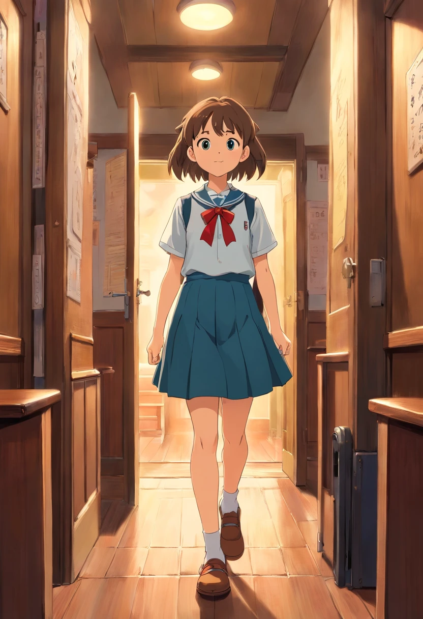 12year old girl，in school uniform，Barefoot