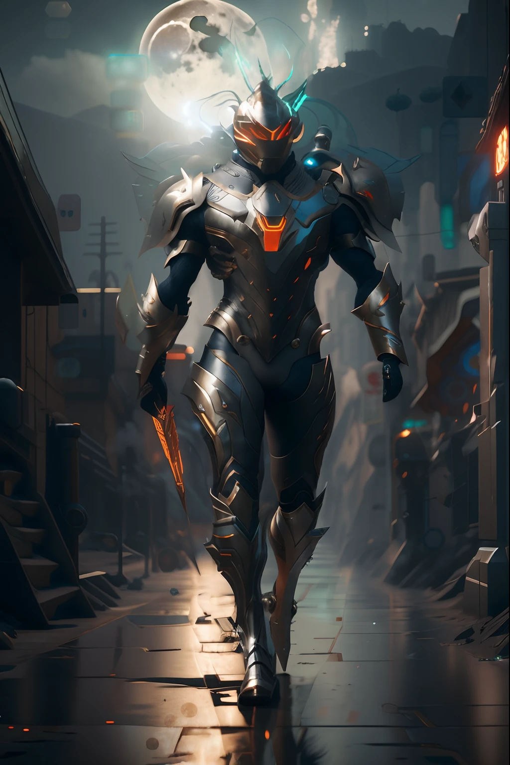 An Alafard man in armor walks down the street,The background is the full moon。, trending on artstation 4k, cyberpunk flame suit, 3 D rendering character art 8 K, trending on artstation hd, Amazing 8K character concept art, Unreal Engine 4K wallpapers, cybernetic flame armor, Trending ArtStation, trending on artstationh:3