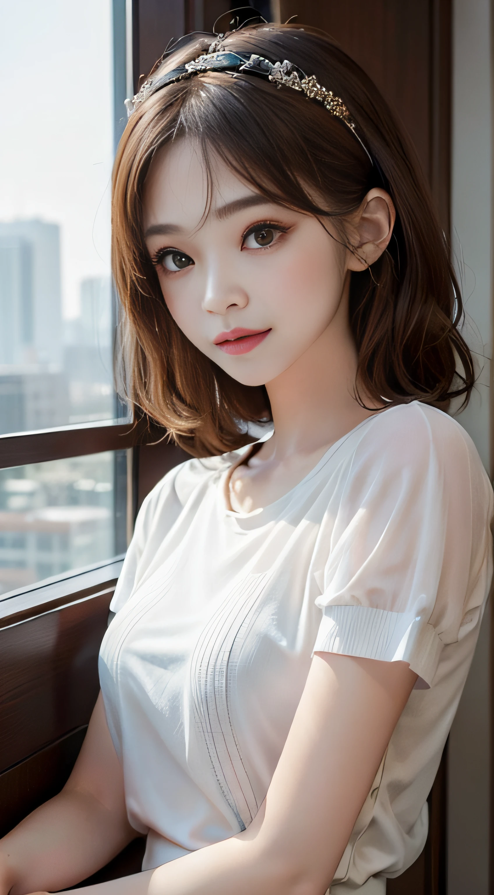 masterpiece、Top image quality:1.2、((beautiful young woman with))、Transparent skin:1.2、{A slight smil}、(kawaii)、Short sleeve knit、luxury hotel、depth of fields